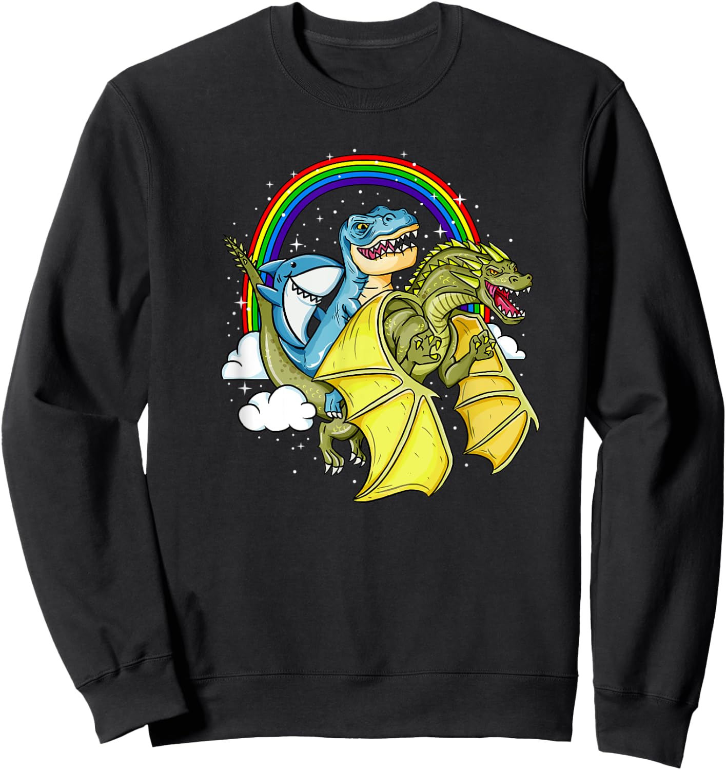 Shark Riding T-Rex Dinosaur Dragon Rainbow Fantasy Gift Sweatshirt - Sweatshirt | Black