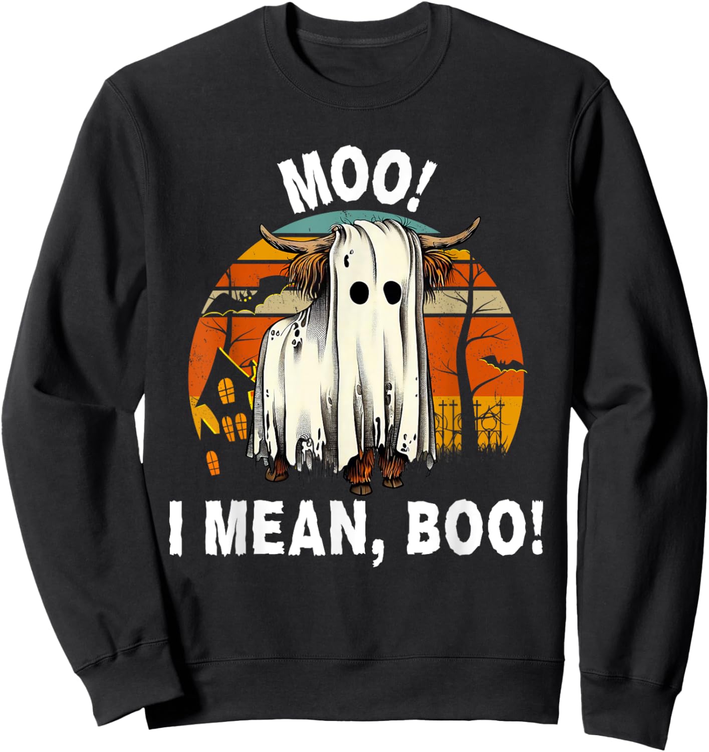 Funny Halloween Highland Cow, Cute Vintage Ghost Cow Sweatshirt - Sweatshirt | Black