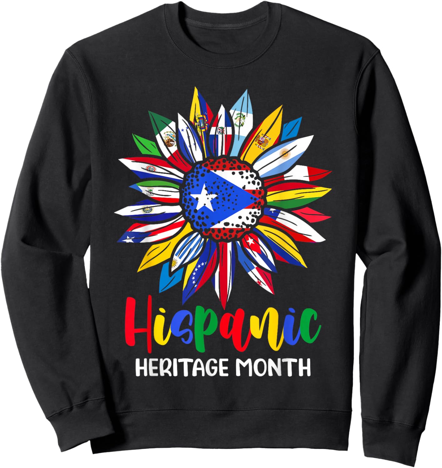 Hispanic Heritage Month Puerto Rico Flag Sunflower Latino Sweatshirt - Sweatshirt | Black