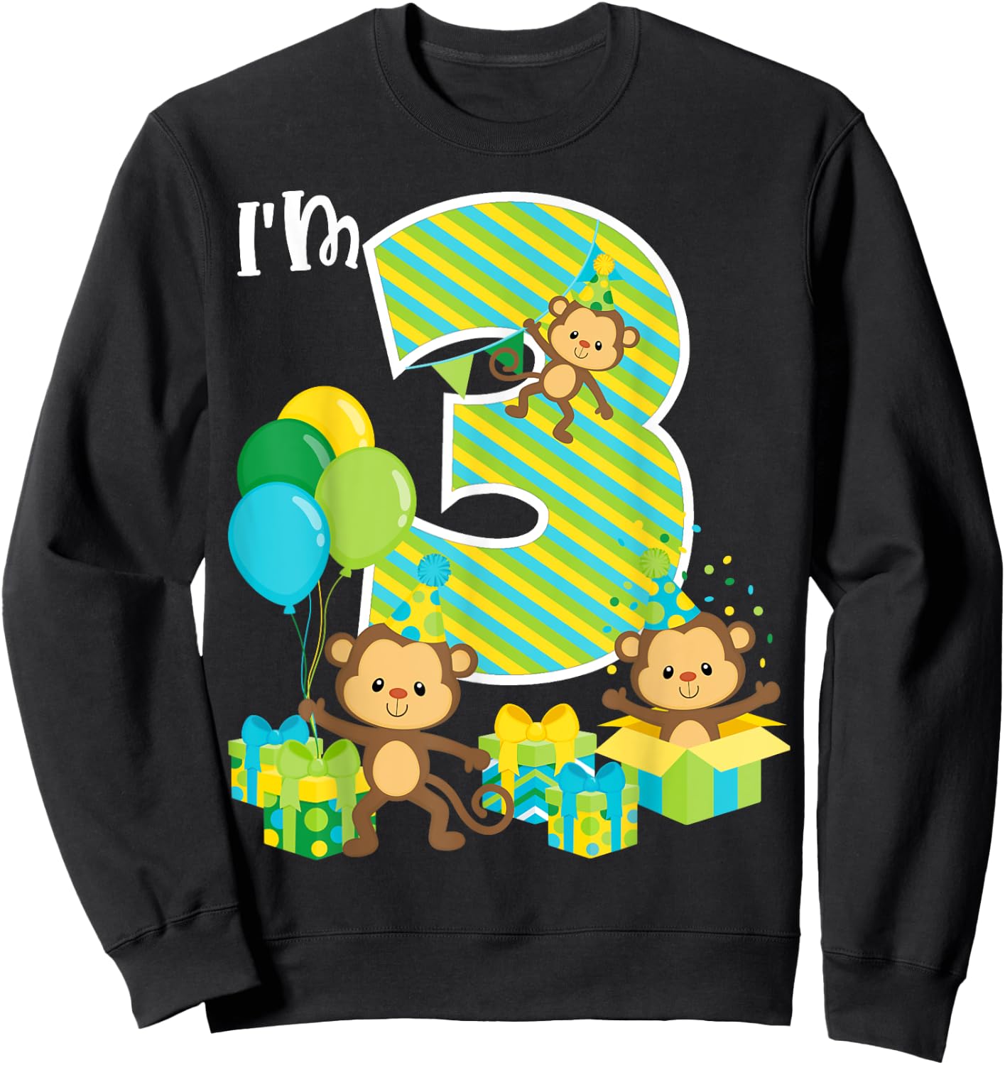 Birthday Monkey 3rd Birthday Party Three Yrs Old Kid Toddler Sweatshirt - Sweatshirt | Black