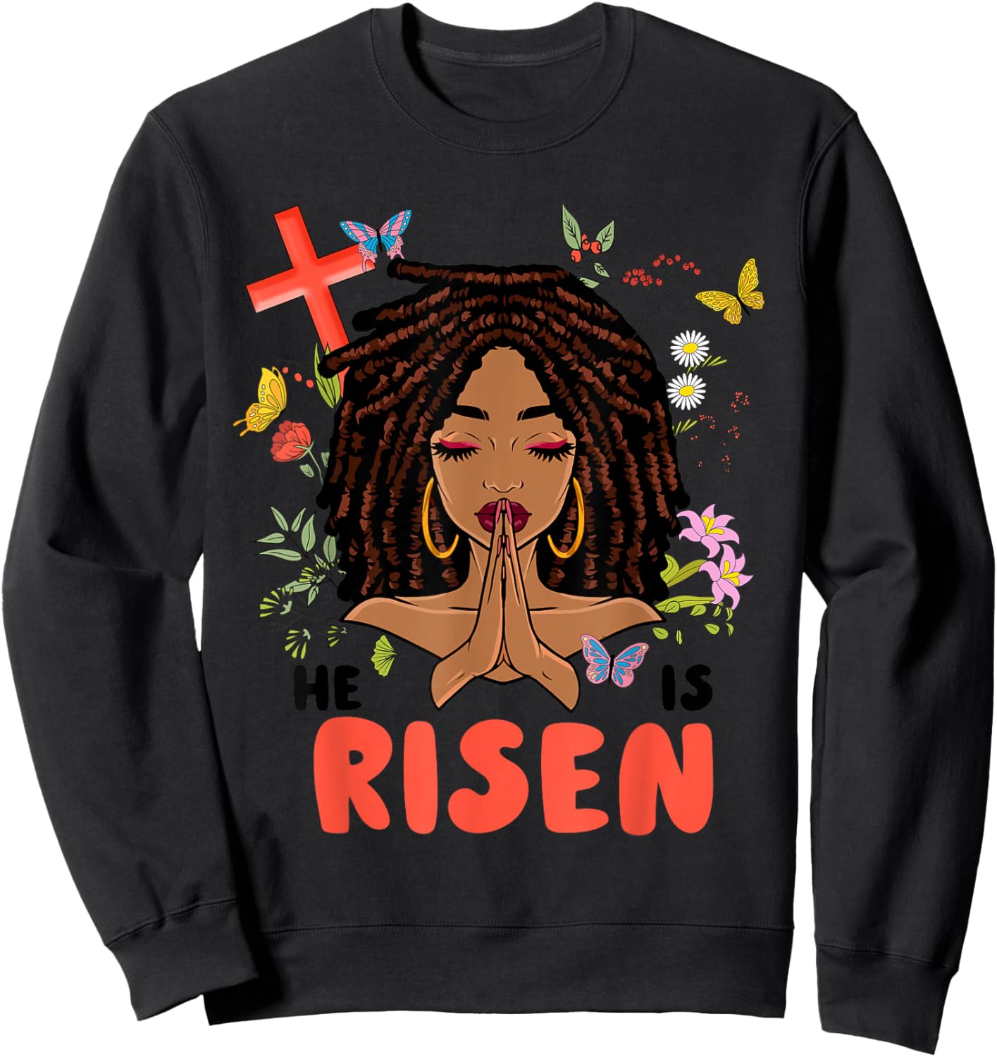 He Is Risen Afro African Locs Pray Women Girls Easter Day Sweatshirt - Sweatshirt | Black