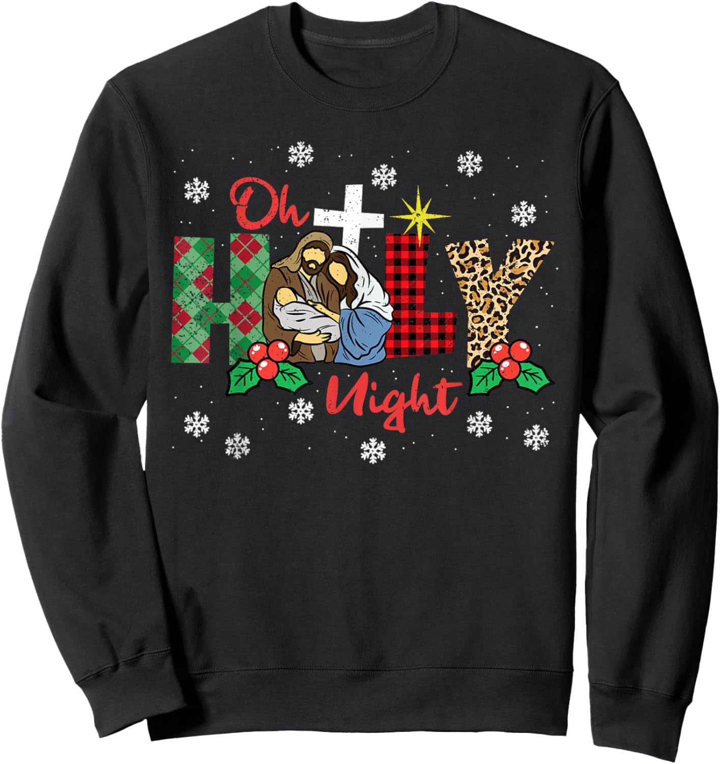 Oh Holy Night Christmas Pajama X-Mas Plaid Christian Sweatshirt - Sweatshirt | Black