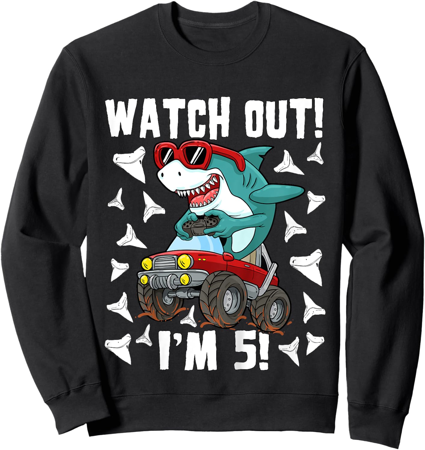 5 Years Old 5th Birthday Shark Boy Girl Monster Truck Gamer Sweatshirt - Sweatshirt | Black