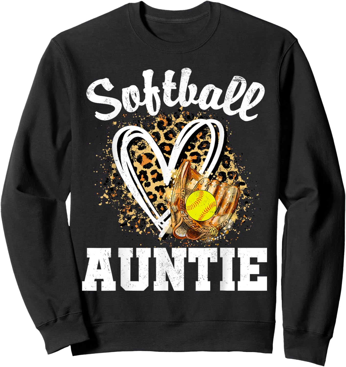 Softball Auntie Leopard Heart Matching Family Sweatshirt - Sweatshirt | Black