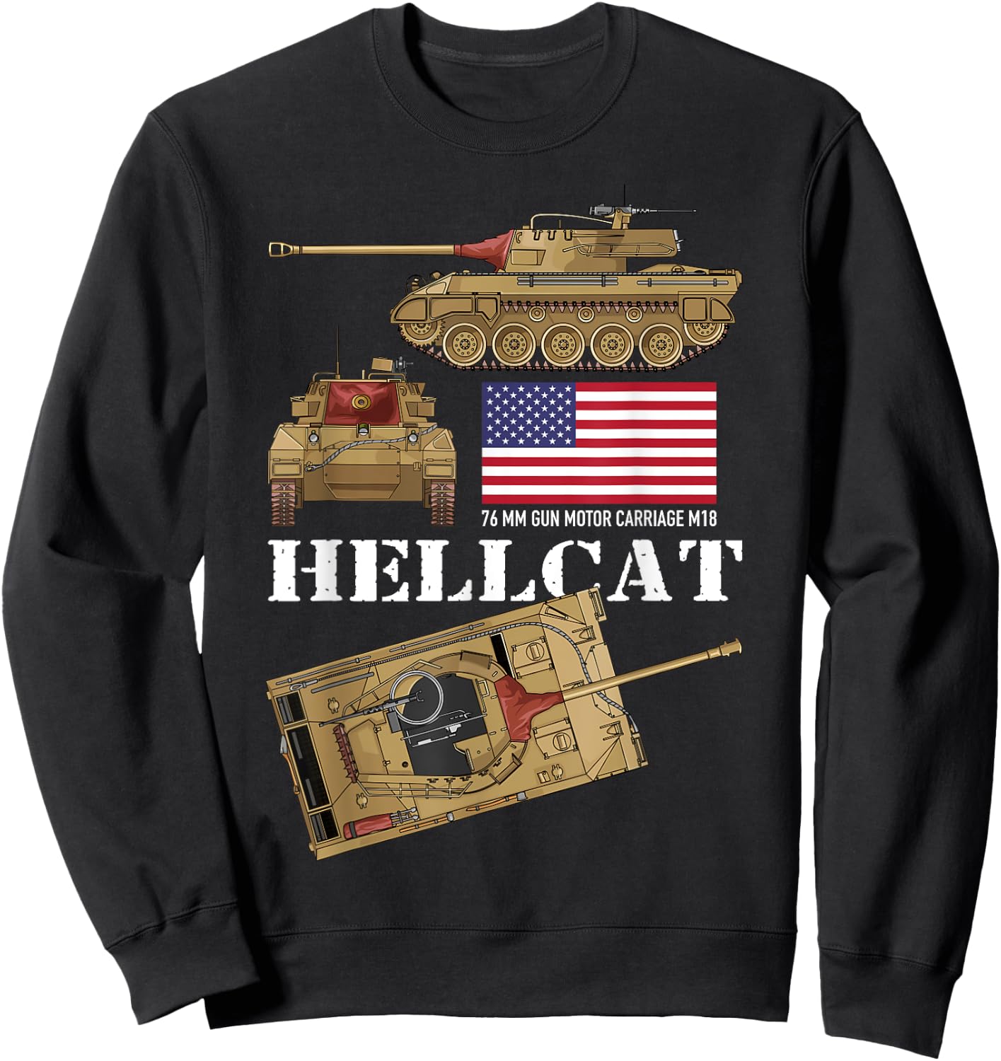 M18 Hellcat WW2 American Tank Destroyer Tanks Diagram Flag Women Kids Sweatshirt - Sweatshirt | Black