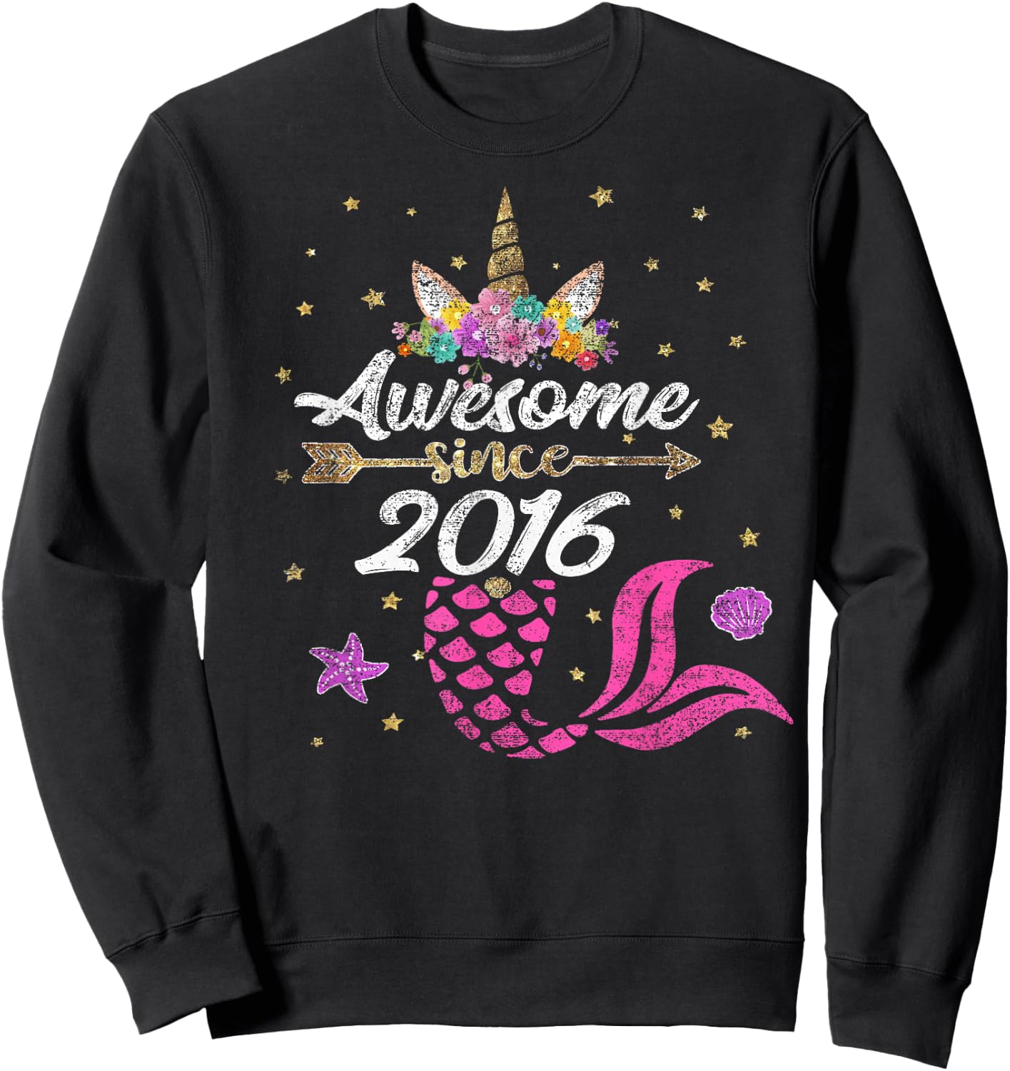 Unicorn Shirt Mermaid Birthday - Awesome Since 2016 Gift Sweatshirt - Sweatshirt | Black
