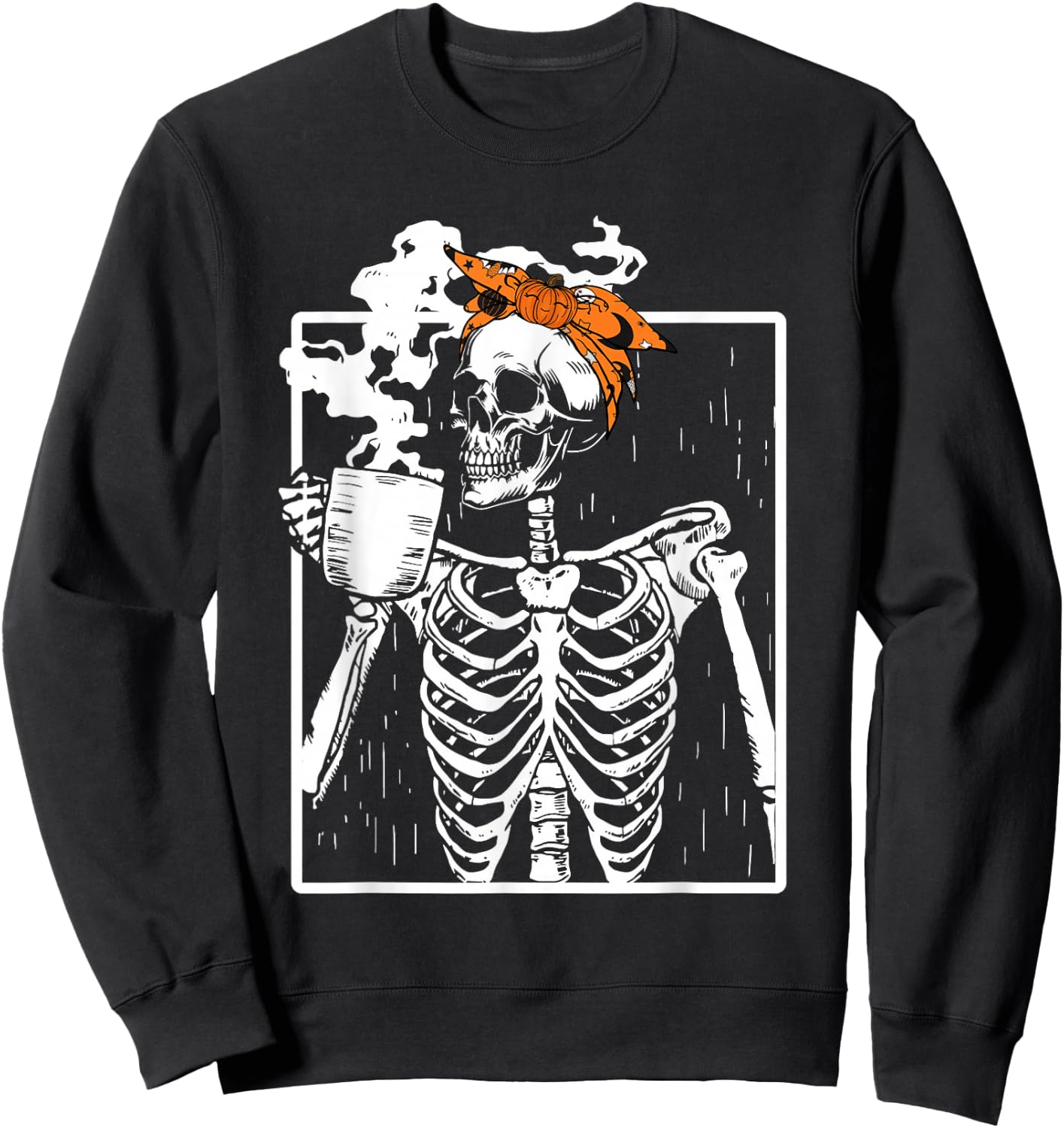Coffee Drinking Skeleton DIY Halloween Messy Bun Women Girl Sweatshirt - Sweatshirt | Black