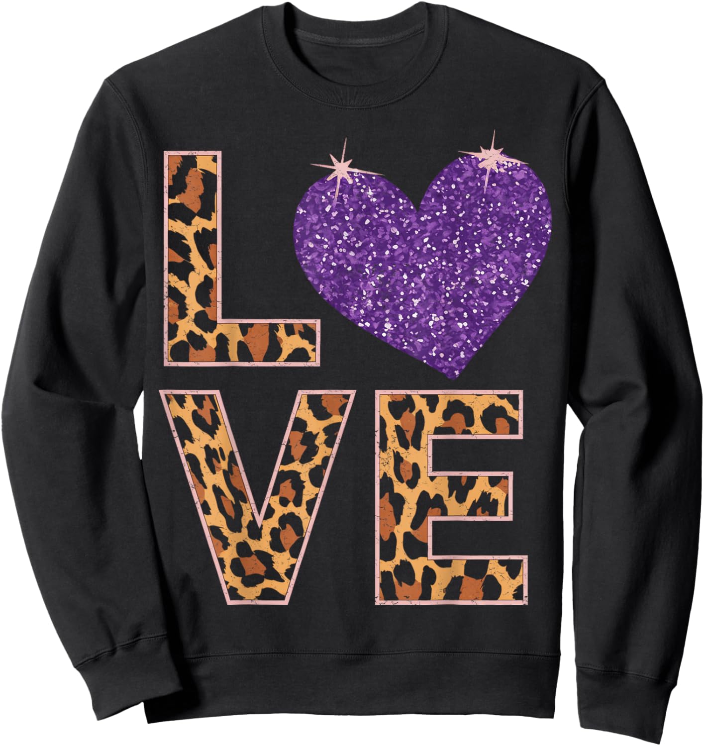 Love Leopard Purple Heart Valentine's Day Women Girls Sweatshirt - Sweatshirt | Black