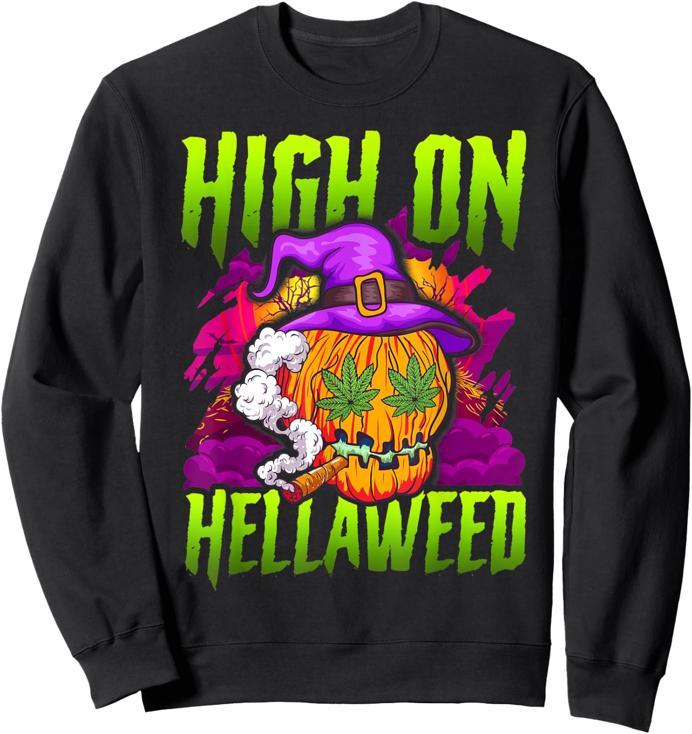Halloween Pumpkin Stoner Weed Joint Smoking Sweatshirt - Sweatshirt | Black
