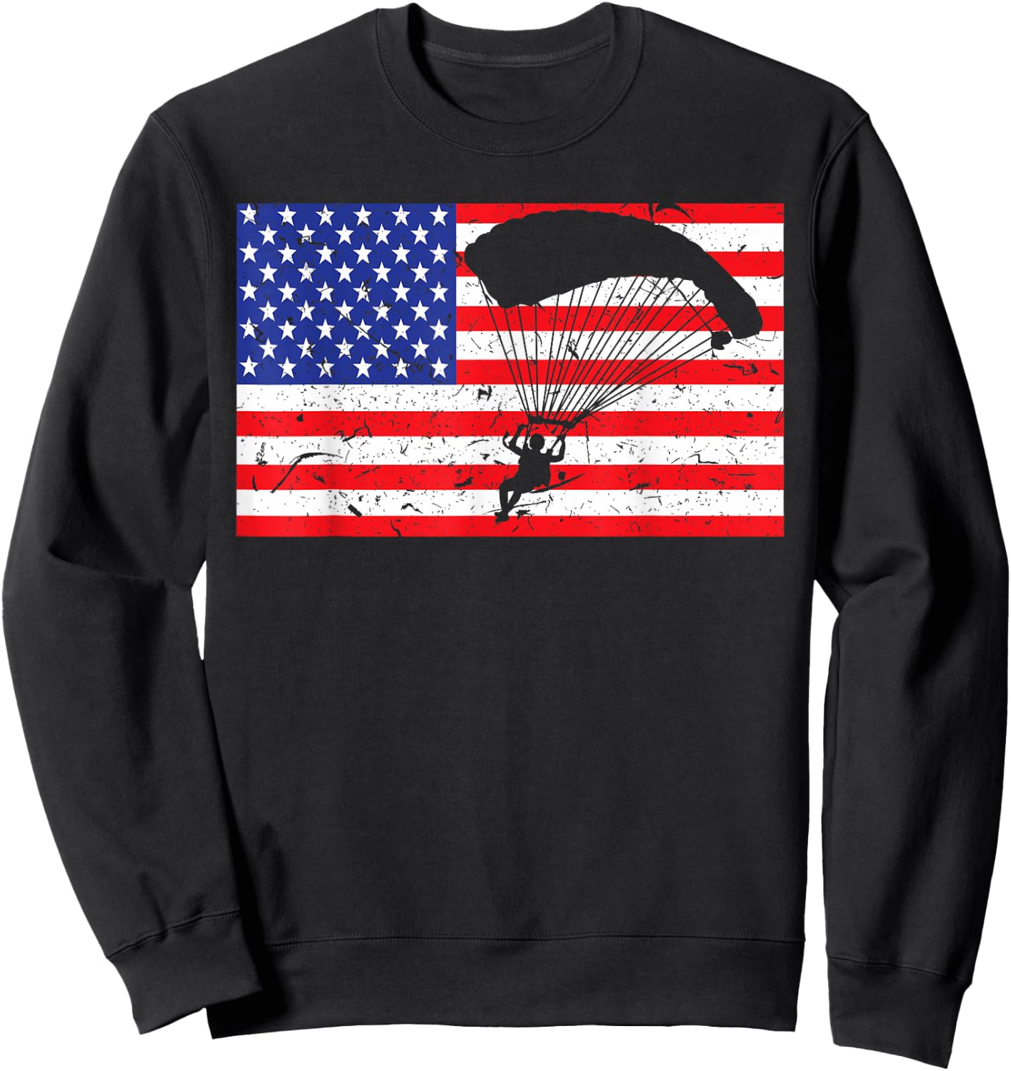 Distressed Parachuting USA American Flag Vintage Skydiving Sweatshirt - Sweatshirt | Black