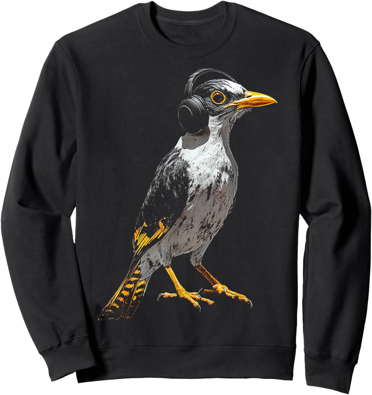 Myna Bird Motif Animal Illustration Music Headphone Myna Sweatshirt - Sweatshirt | Black