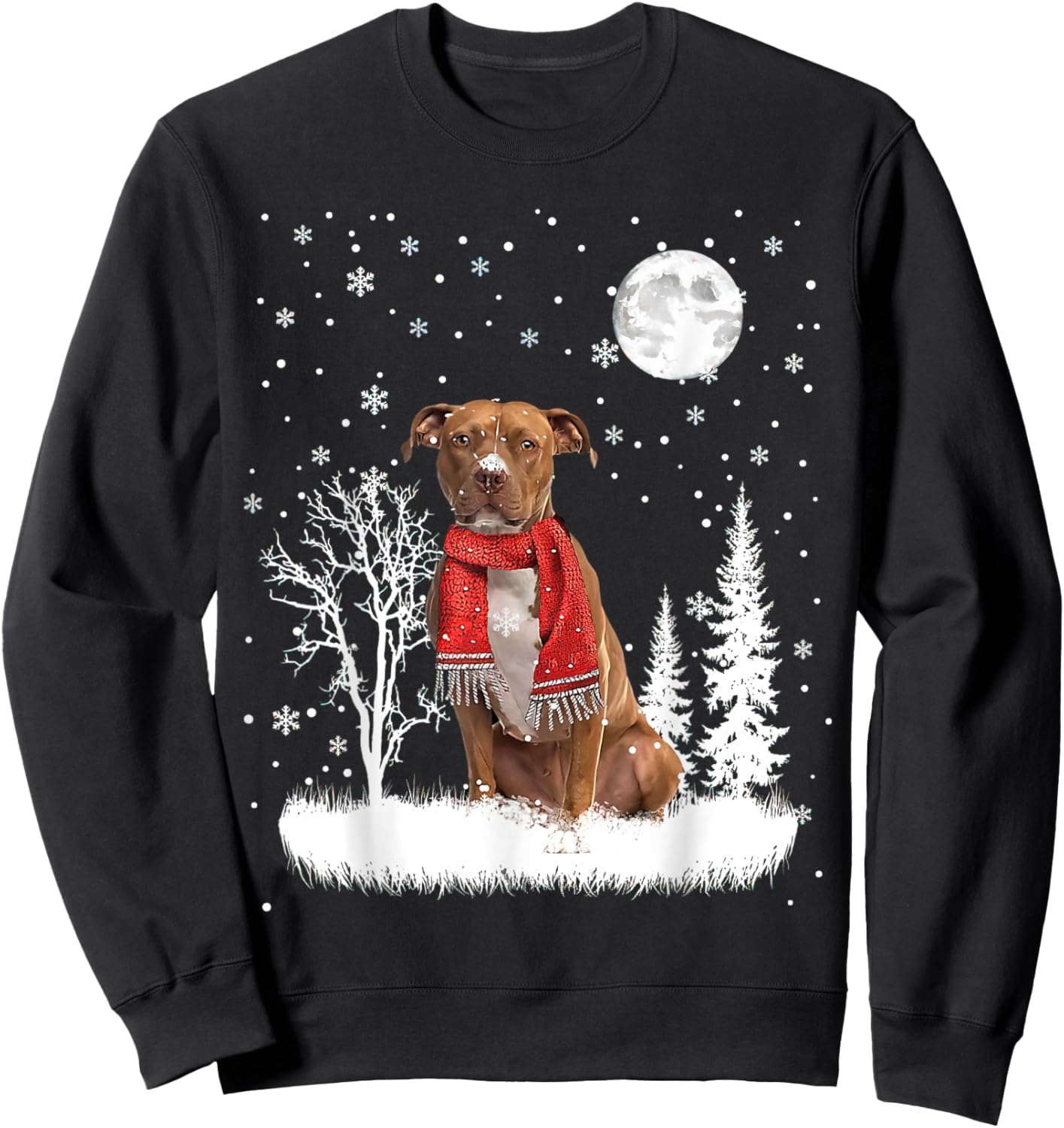 Pitbull Under Moonlight Snow Christmas Pajama Sweatshirt - Sweatshirt | Black