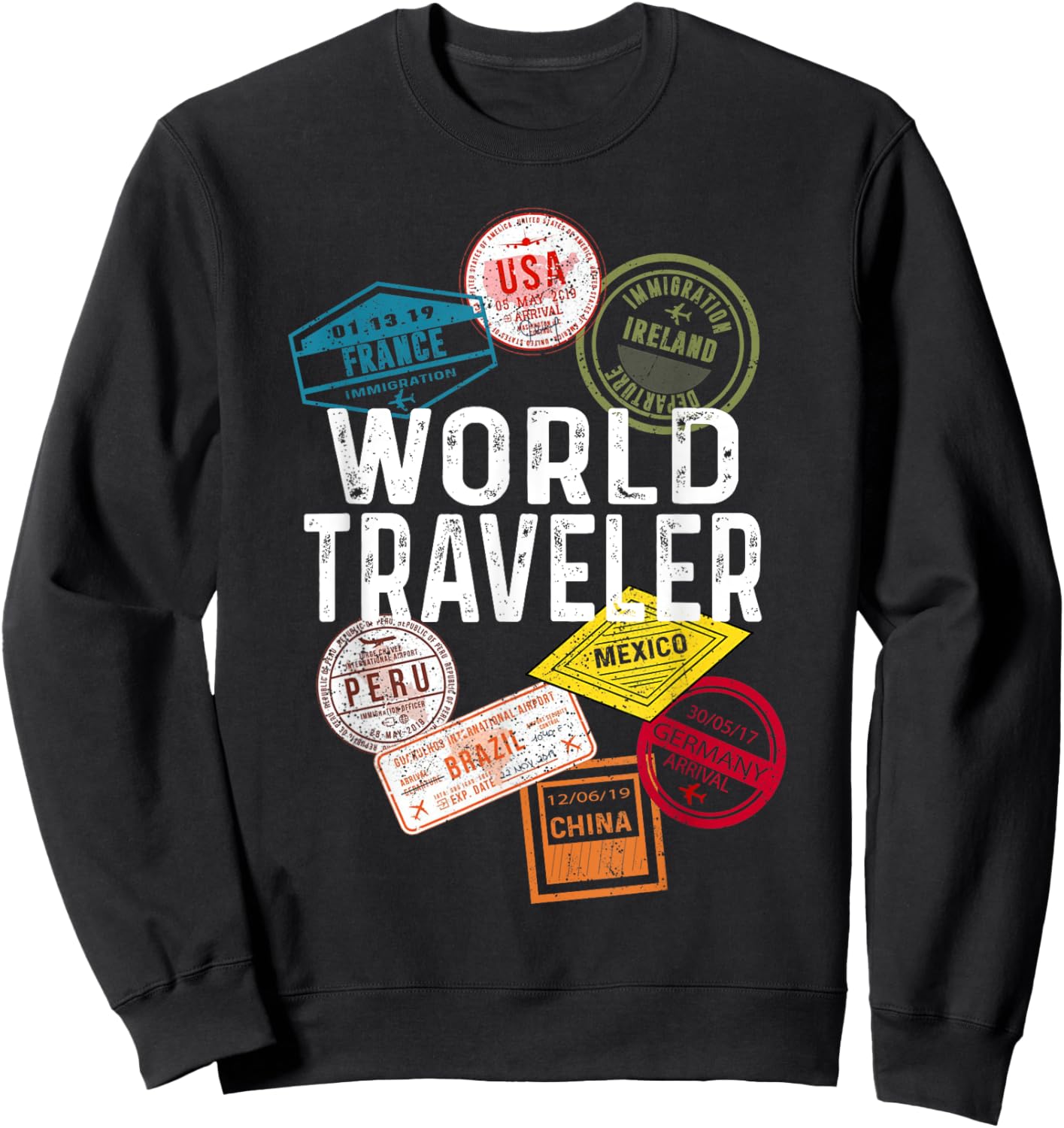 Vintage Distressed World Traveler Passport stamp Sweatshirt - Sweatshirt | Black