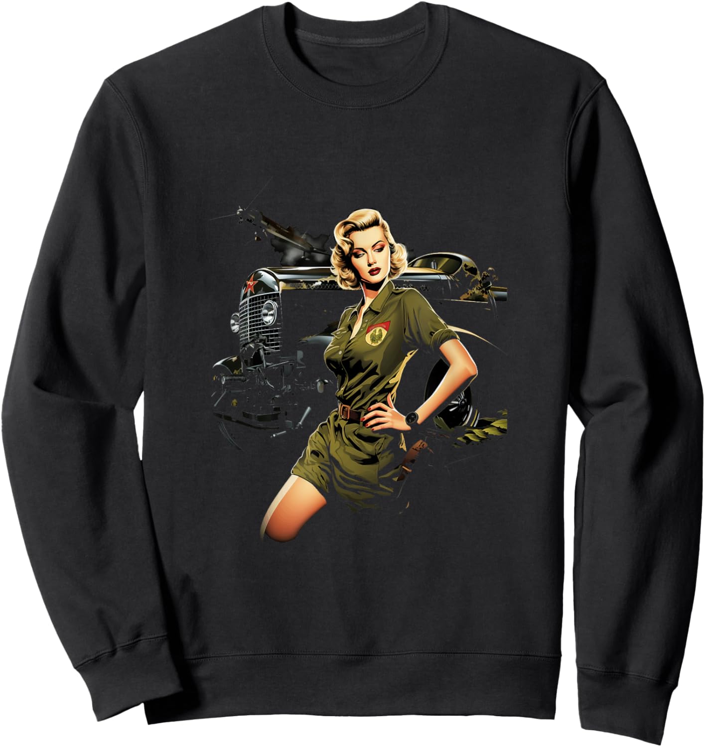 Pinup Girl WW2 Military Vehicle Tank Vintage Sweatshirt - Sweatshirt | Black