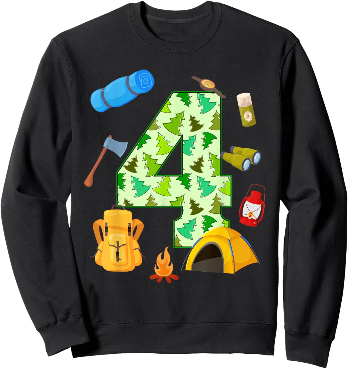 4th Birthday Camping Theme 4 Year Old Birthday Kids Sweatshirt - Sweatshirt | Black