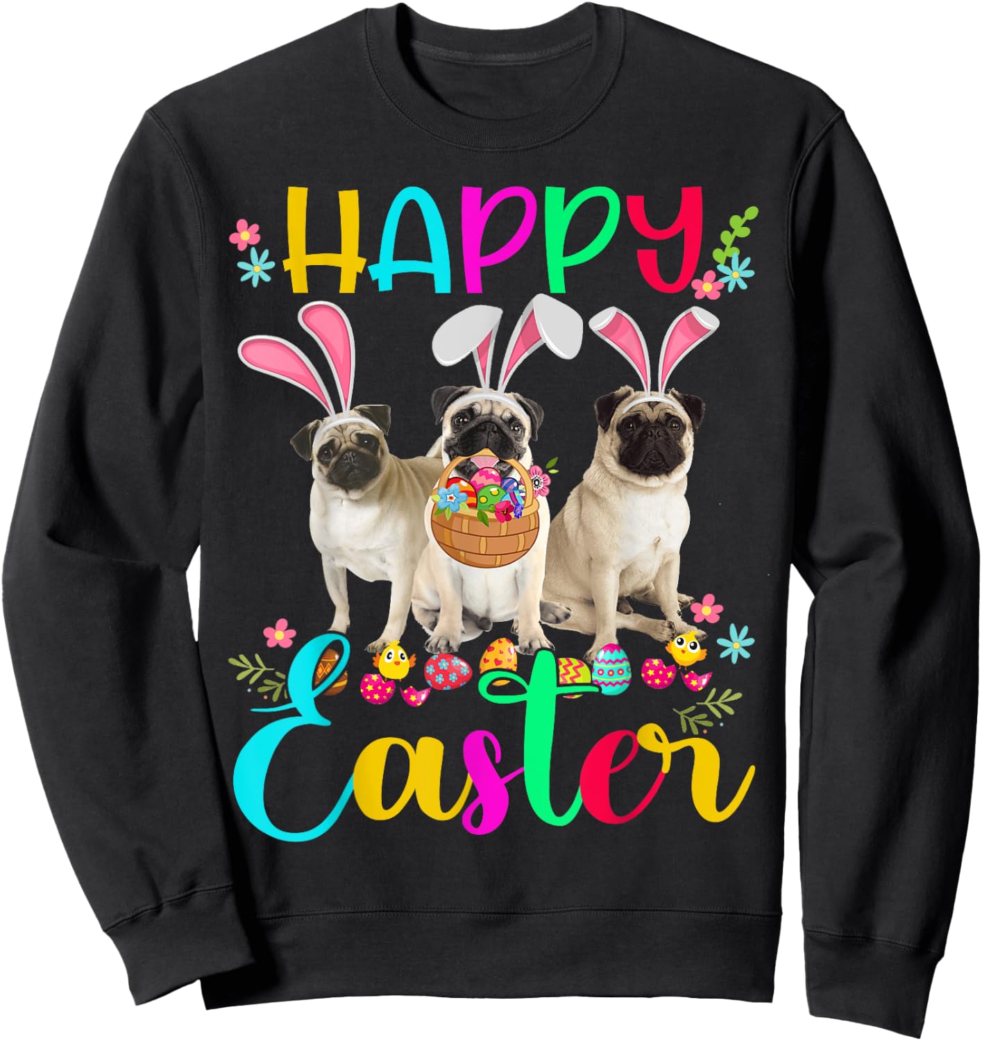Happy Easter Three Pug Wearing Bunny Ear Pug Lover Sweatshirt - Sweatshirt | Black