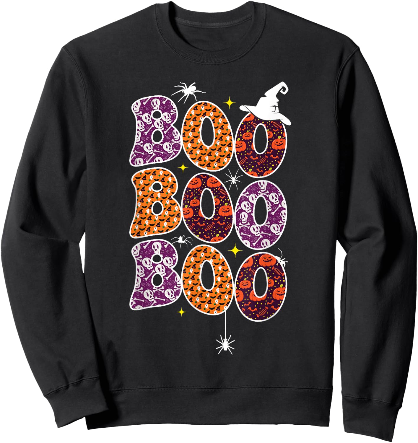 Boo With Spiders And Witch Hat Halloween Women Men Sweatshirt - Sweatshirt | Black