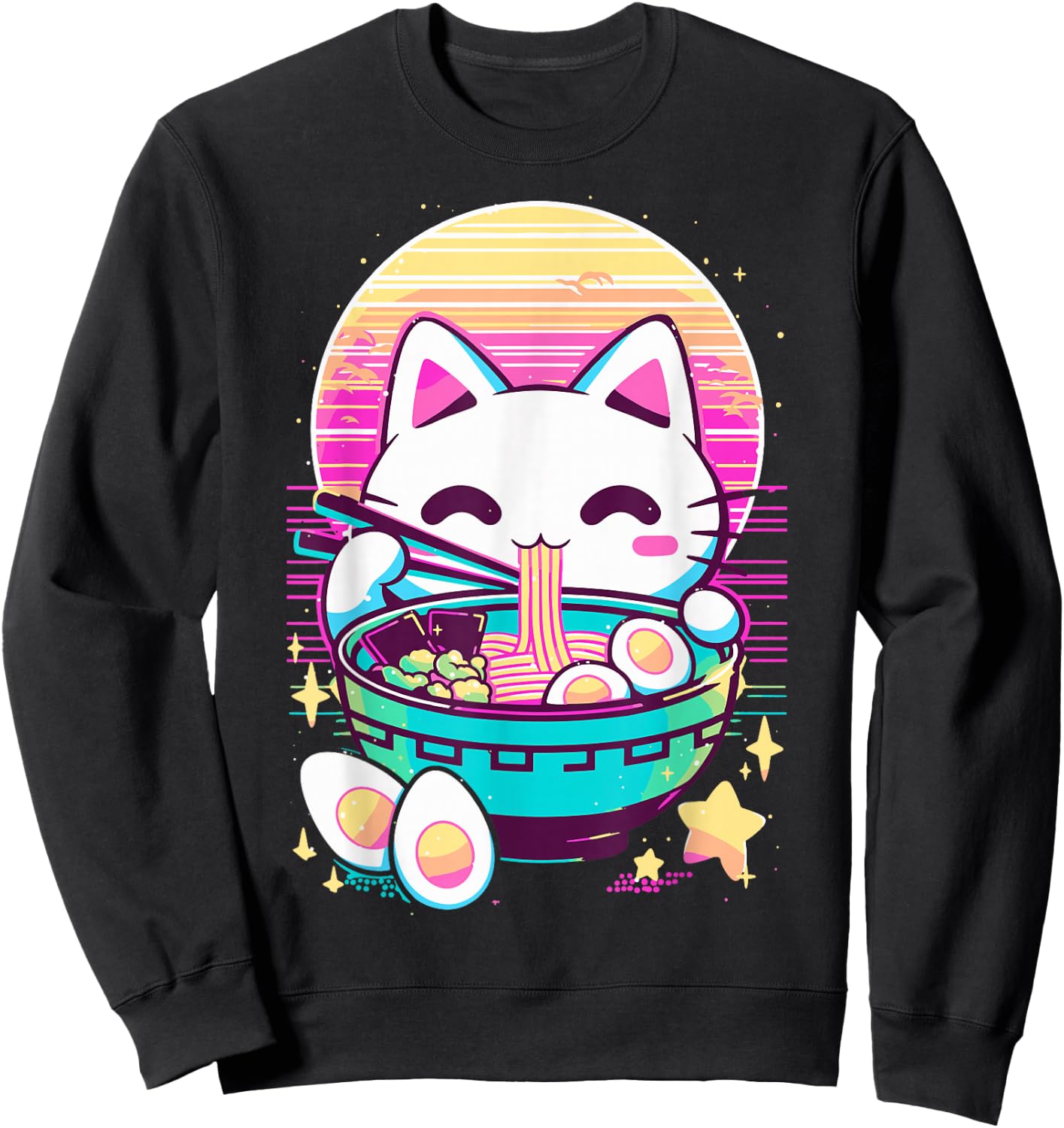 Anime Cat Eating Ramen Japanese Ramen Cat Japan Sweatshirt - Sweatshirt | Black