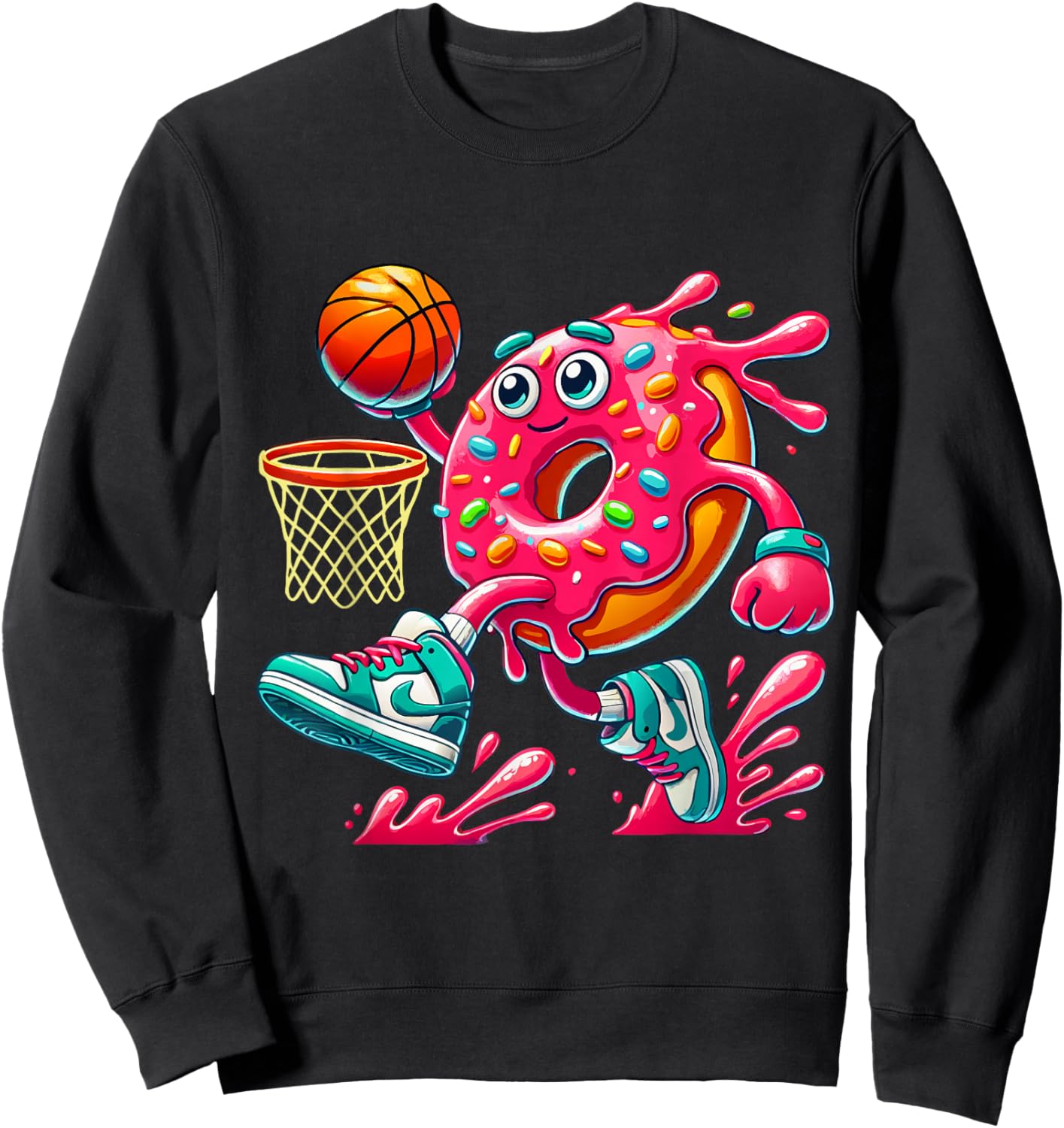 Funny Donut Basketball Food with Fun Cartoon Style Sweatshirt - Sweatshirt | Black