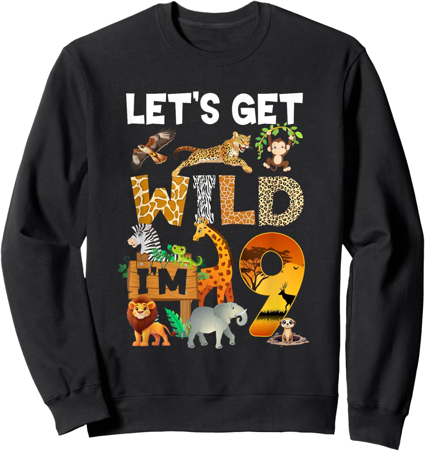 9 Year Old Zoo Birthday Safari Jungle Animal 9Th Bday Sweatshirt - Sweatshirt | Black