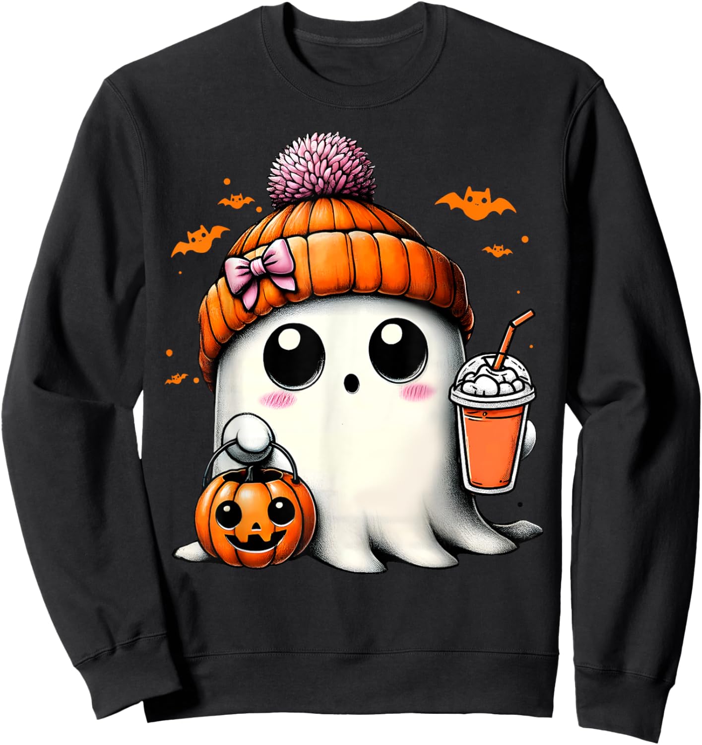Cute Ghost Drinking Coffee Halloween Ghost Ice Coffee Sweatshirt - Sweatshirt | Black