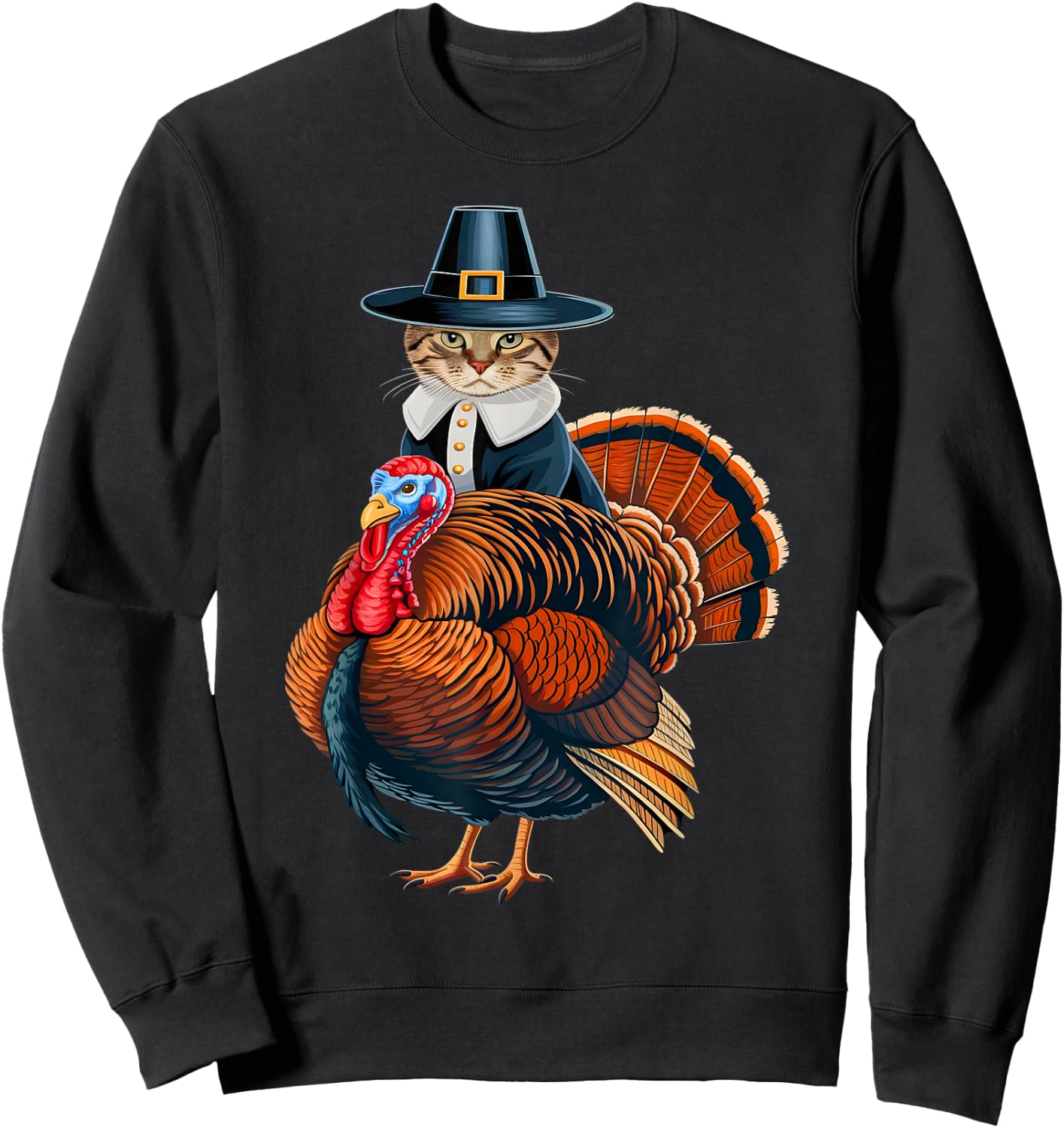 Pilgrim Cat With Turkey Funny Thanksgiving Cat And Turkey Sweatshirt - Sweatshirt | Black