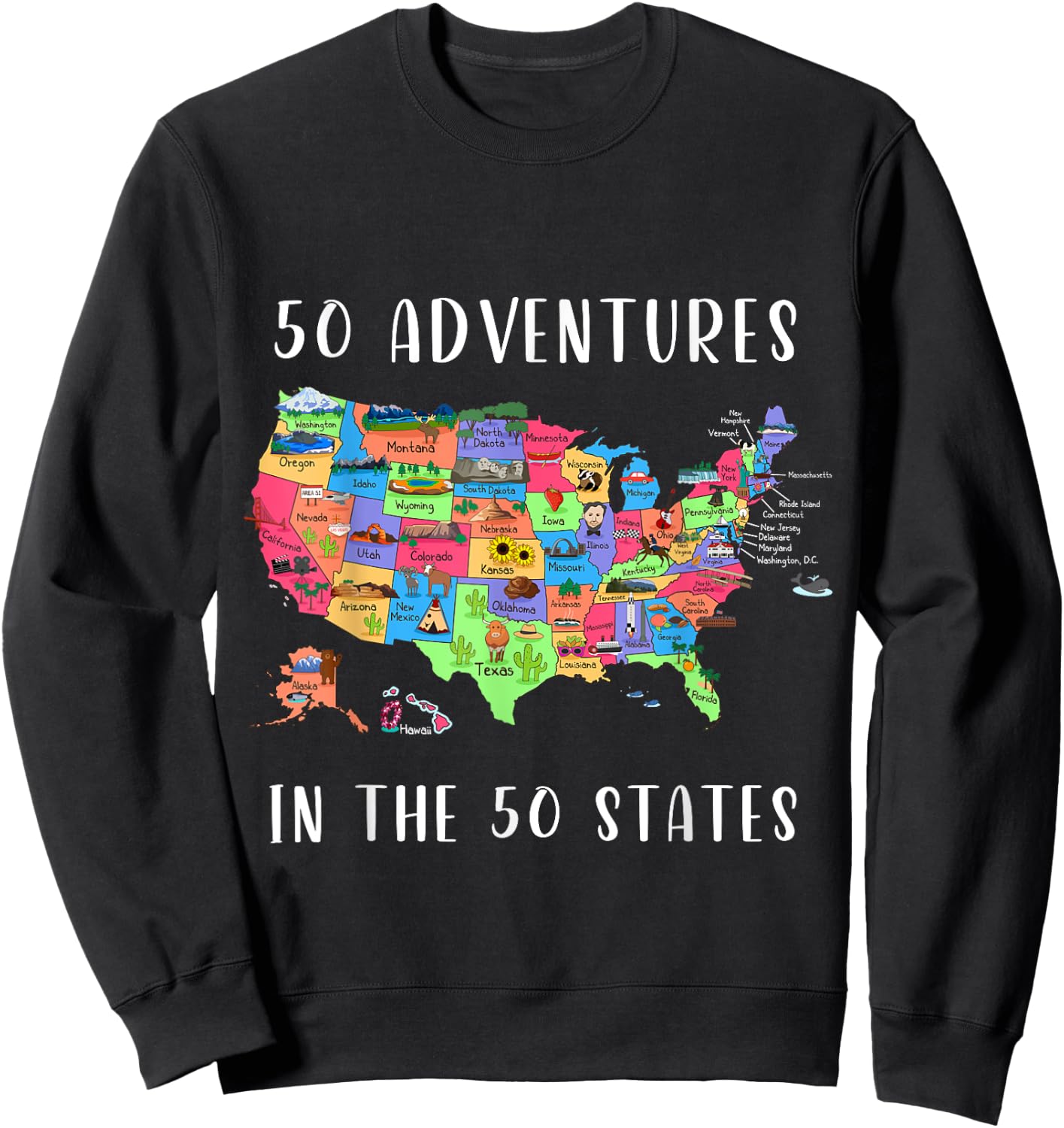 ALL50CLUB Women's USA Travel Map , Black, Small, Short Sleeve, Classic Fit, Crew Collar, , 50 States Map Design Sweatshirt - Sweatshirt | Black