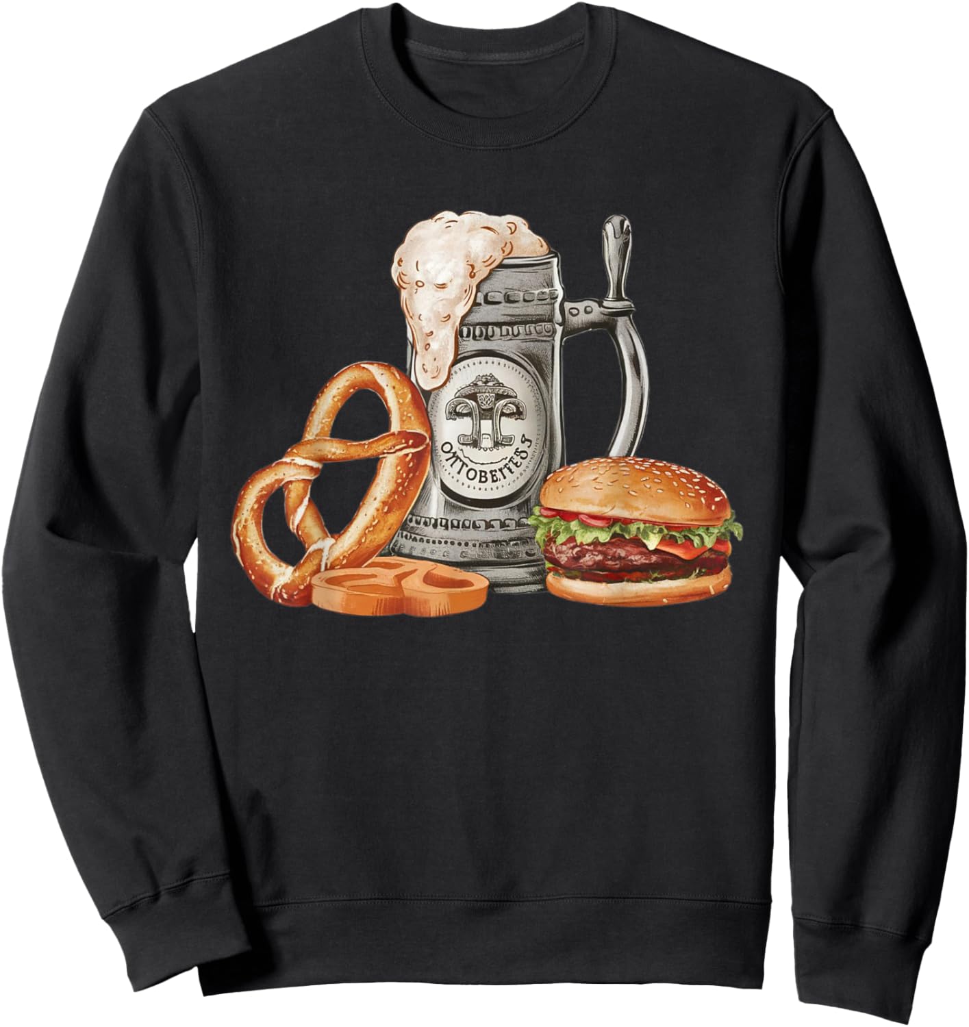 Oktoberfest Beer Mug with Pretzel and Burger, Festive Bavar Sweatshirt - Sweatshirt | Black