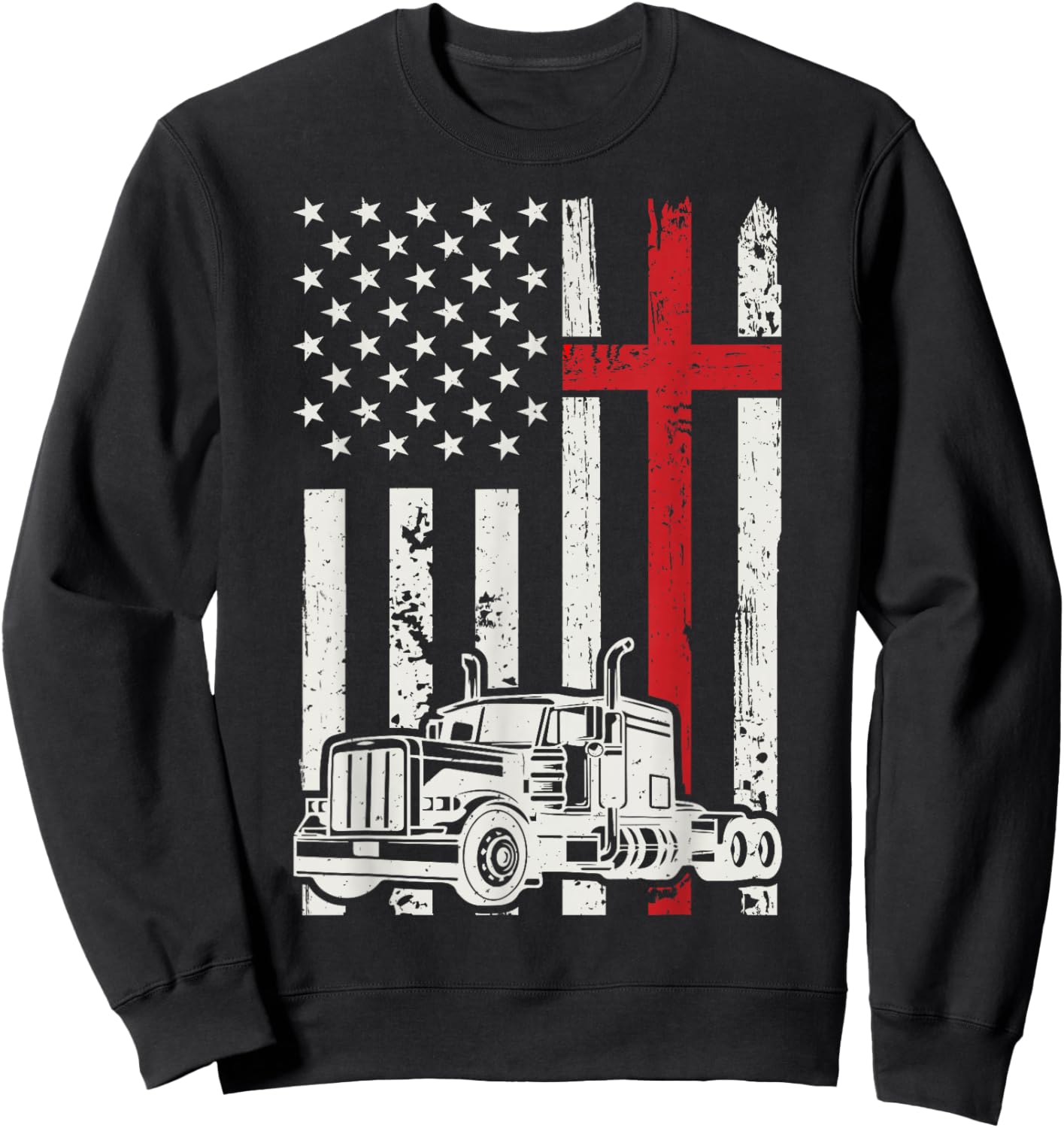 Semi Truck American Flag Christian Truck Driver Patriotic Sweatshirt - Sweatshirt | Black