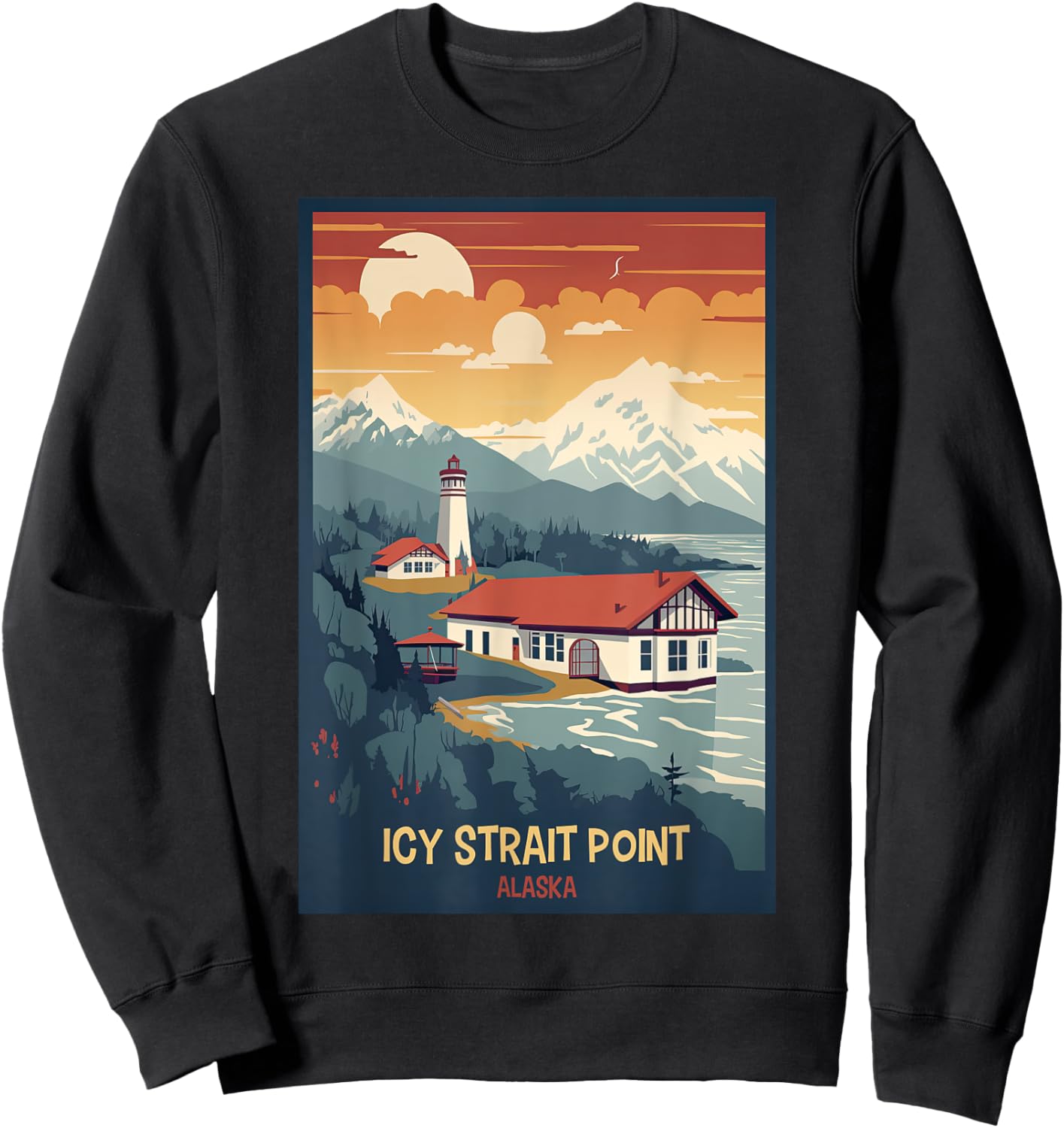 Icy Strait Point, Alaska Retro Travel Poster Graphic Sweatshirt - Sweatshirt | Black