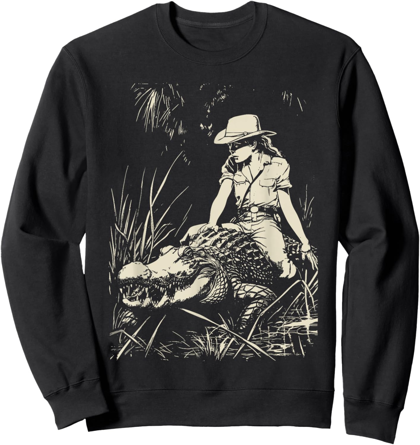 Girl riding Alligator | Weird Funny Florida Crocodile Meme Sweatshirt - Sweatshirt | Black