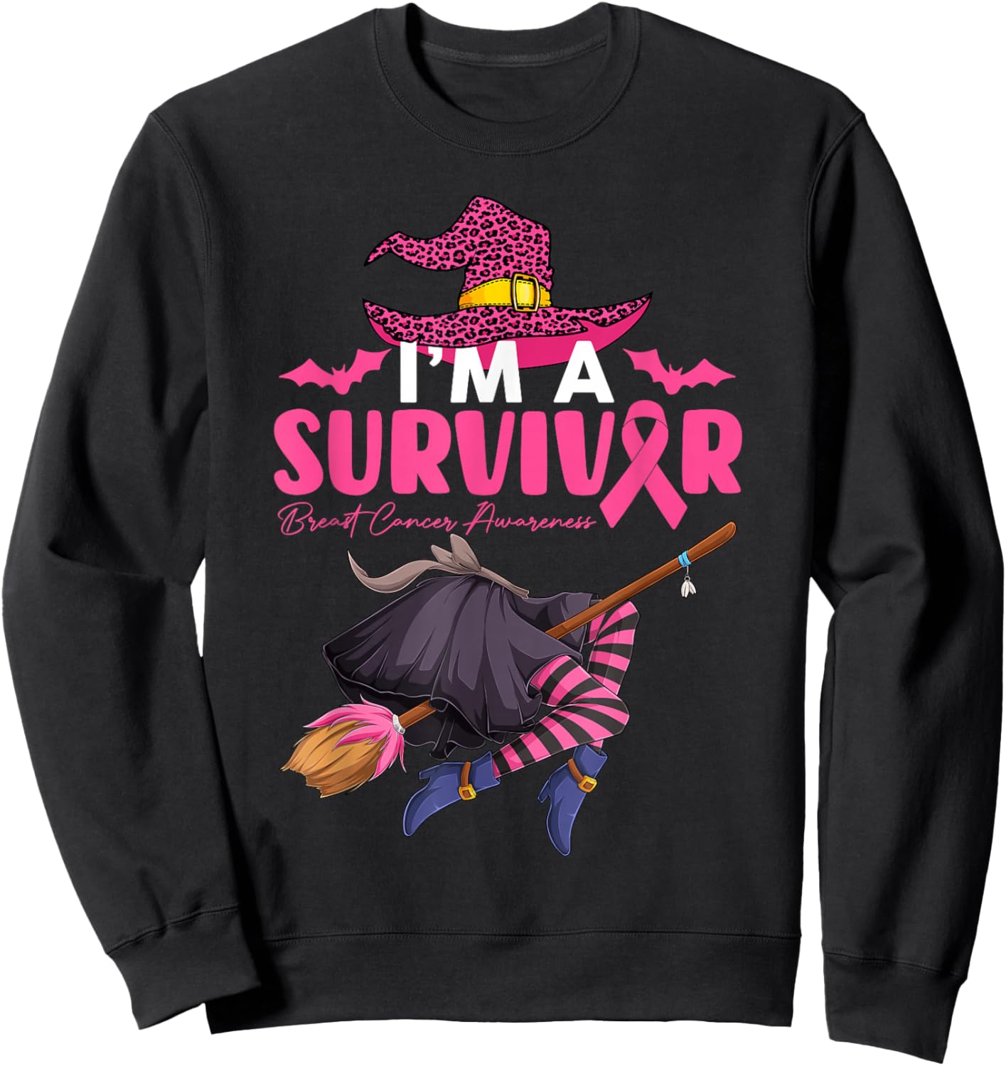 I'm Survivor Witch With Broom Breast Cancer Halloween Women Sweatshirt - Sweatshirt | Black