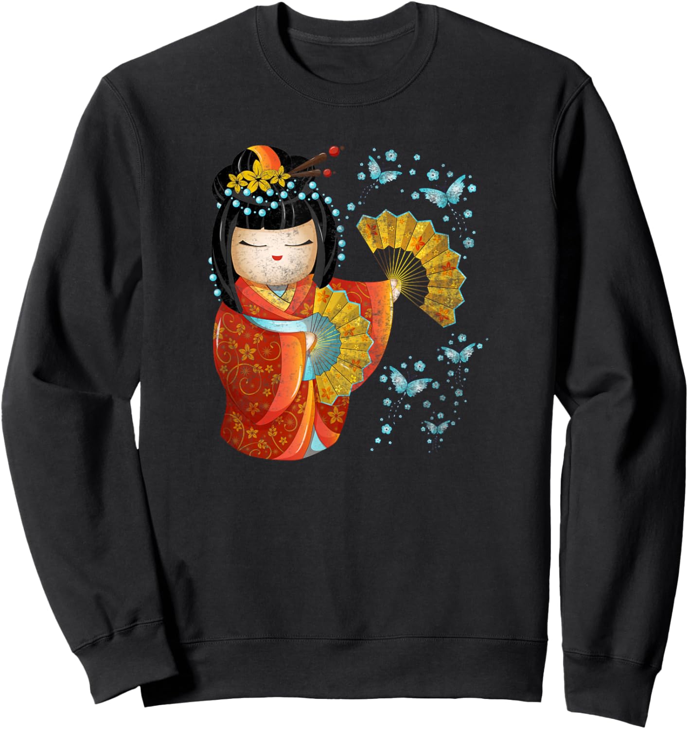 Kawaii Japanese Kokeshi Doll Kimono Geisha Butterflies Sweatshirt - Sweatshirt | Black