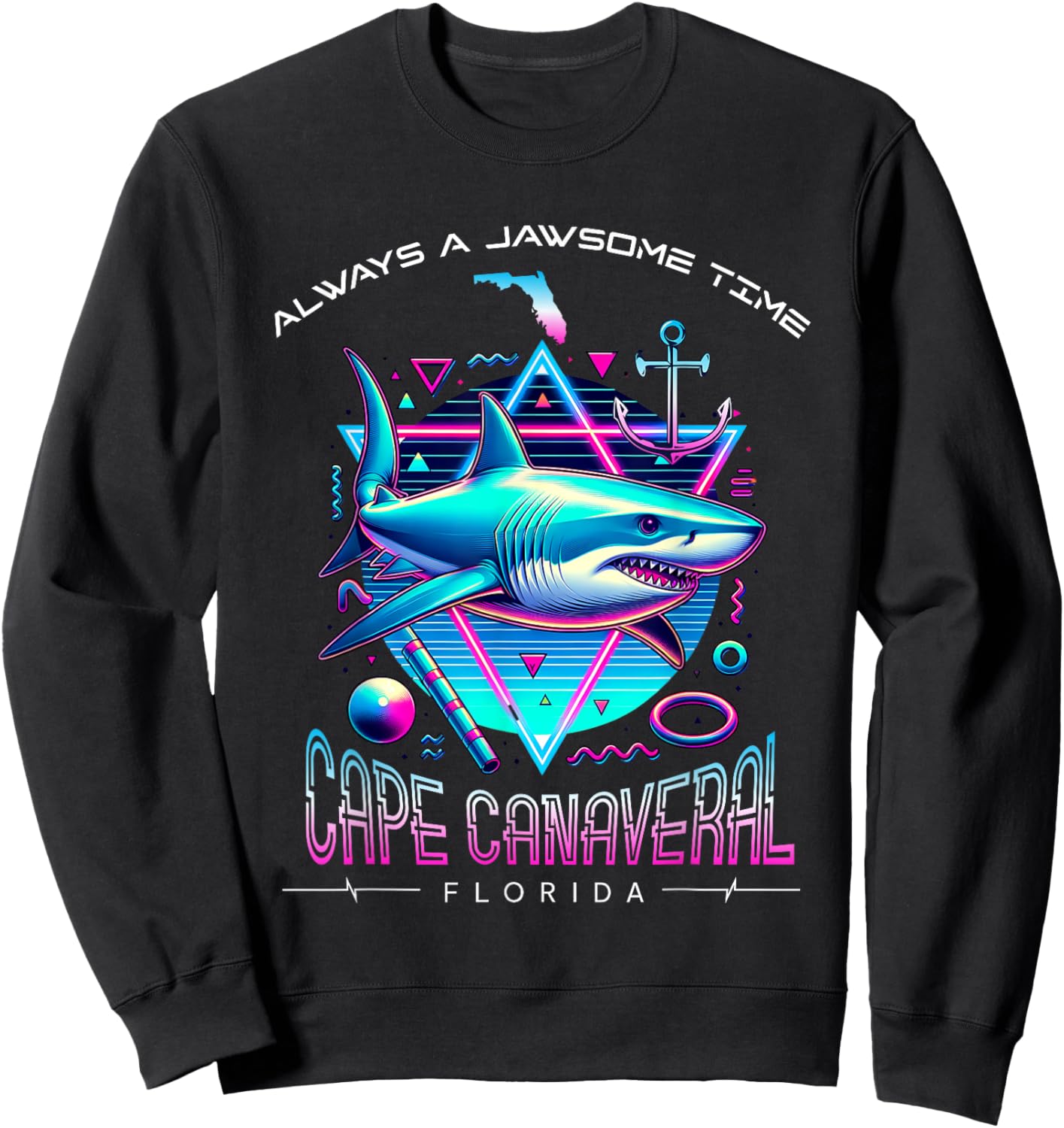 Cape Canaveral FL Shark Retro 80s Funny Souvenir Sweatshirt - Sweatshirt | Black