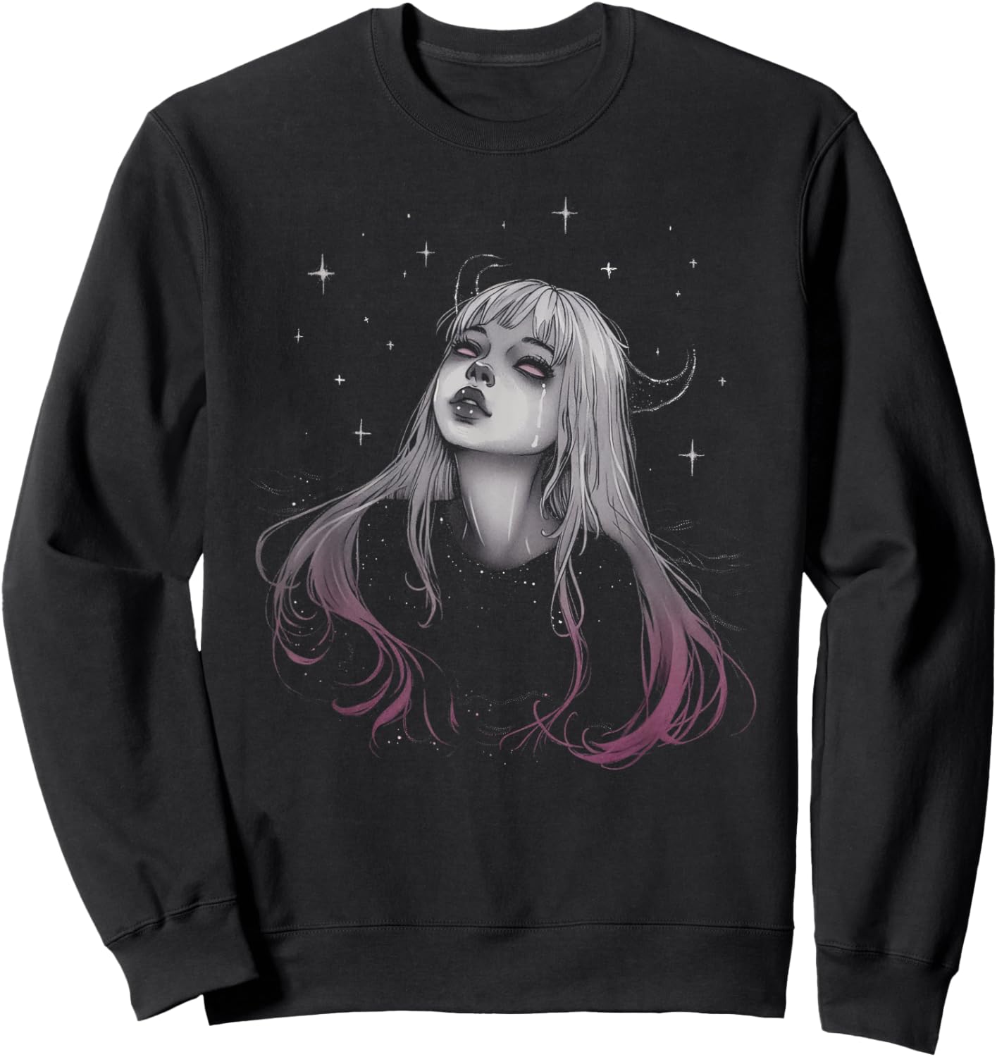 Sad Girl Demon Stars Pastel Goth Alt Pink Crying Aesthetic Sweatshirt - Sweatshirt | Black