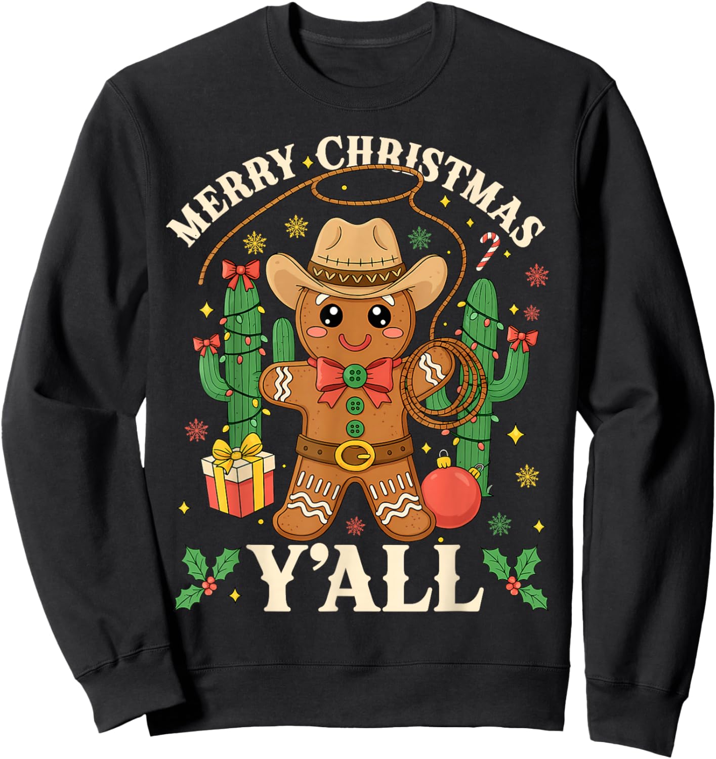 Merry Christmas Yall Gingerbread Cowboy Cowgirl Howdy Xmas Sweatshirt - Sweatshirt | Black