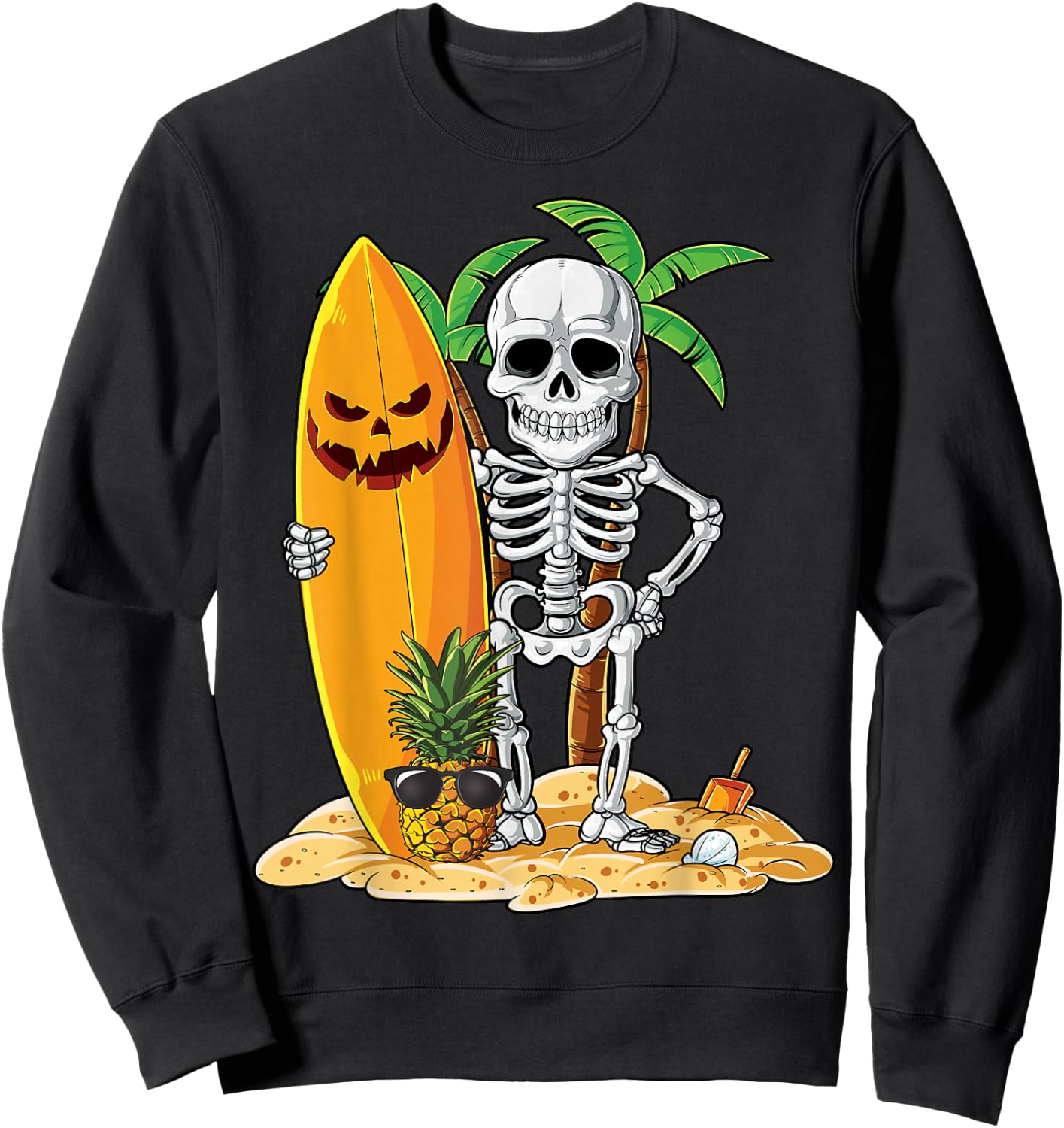 Skeleton Surfing Halloween Hawaii Hawaiian Men Women Surfer Sweatshirt - Sweatshirt | Black