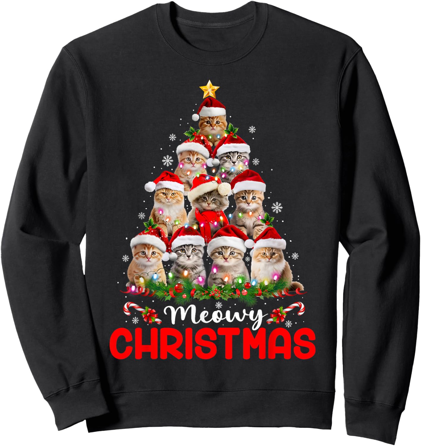 Merry Catmas Cat Christmas Tree Lights Funny Xmas Pajamas Women Kids Sweatshirt - Sweatshirt | Black