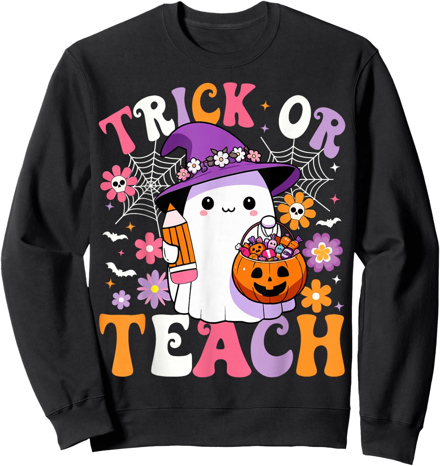 Trick Or Teach Groovy Teacher Ghost Funny Halloween Teacher Sweatshirt - Sweatshirt | Black