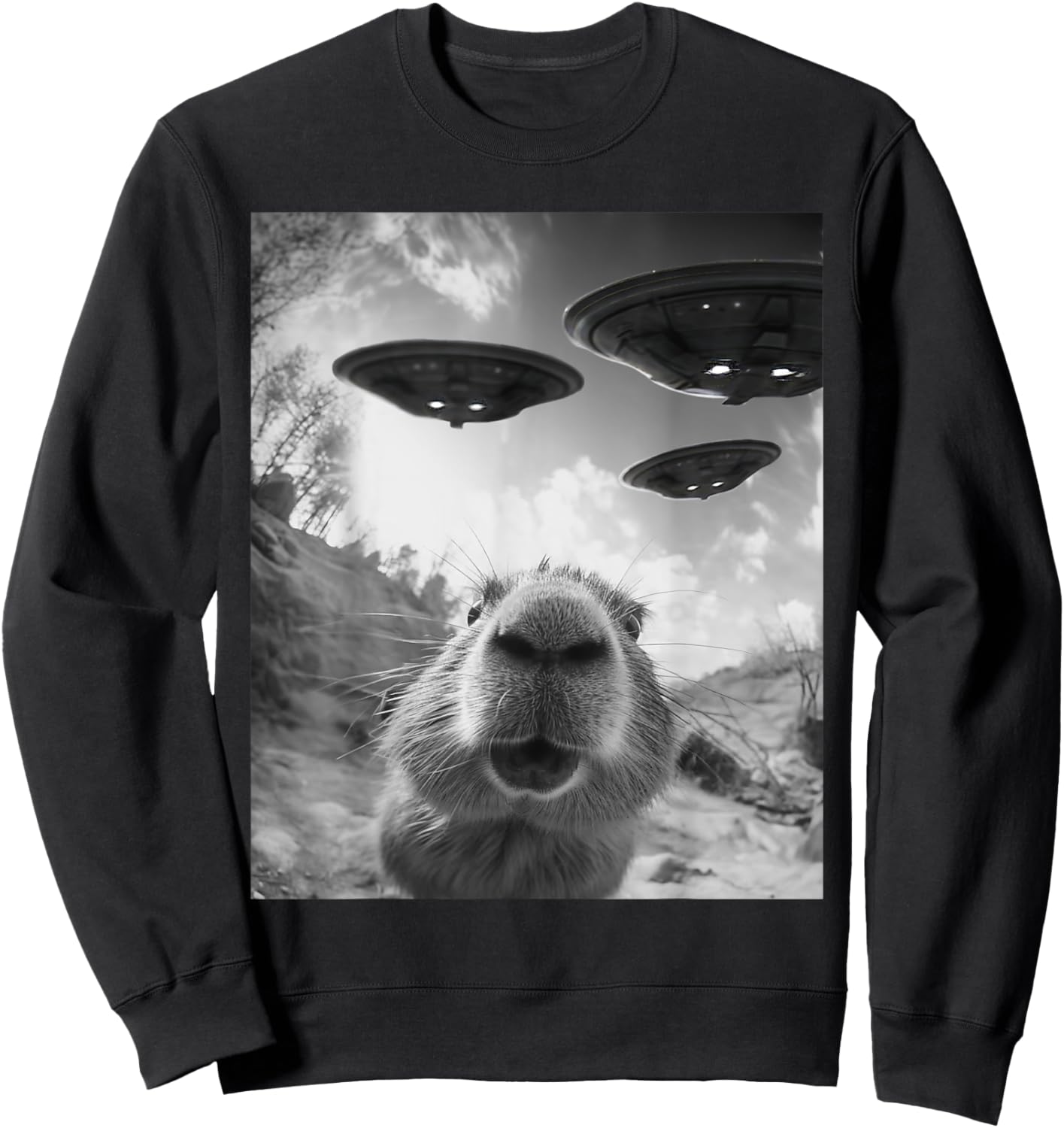 Funny Capybara Selfie with UFOs Weird Alien UFO Sweatshirt - Sweatshirt | Black