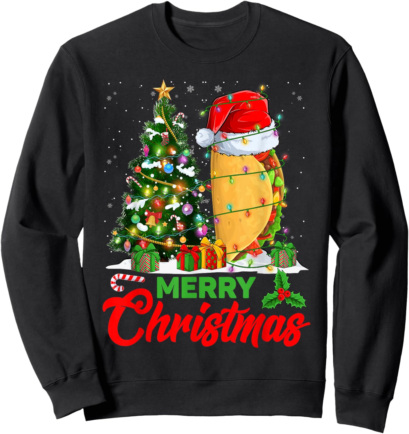 Funny Taco Christmas Tree Lights Mexican Food Lover Xmas Sweatshirt - Sweatshirt | Black