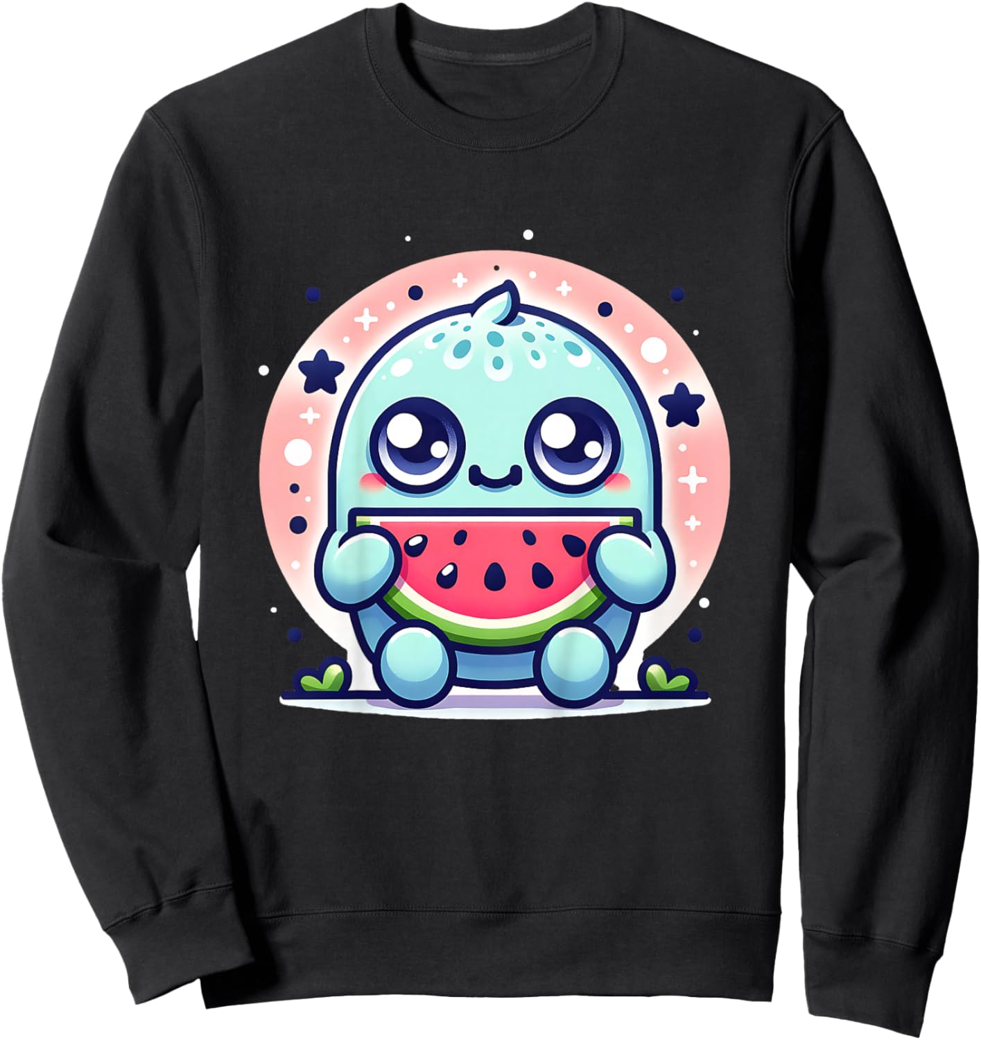 Cute Monster Eating Watermelon Funny Graphic Outfit Boy Girl Sweatshirt - Sweatshirt | Black