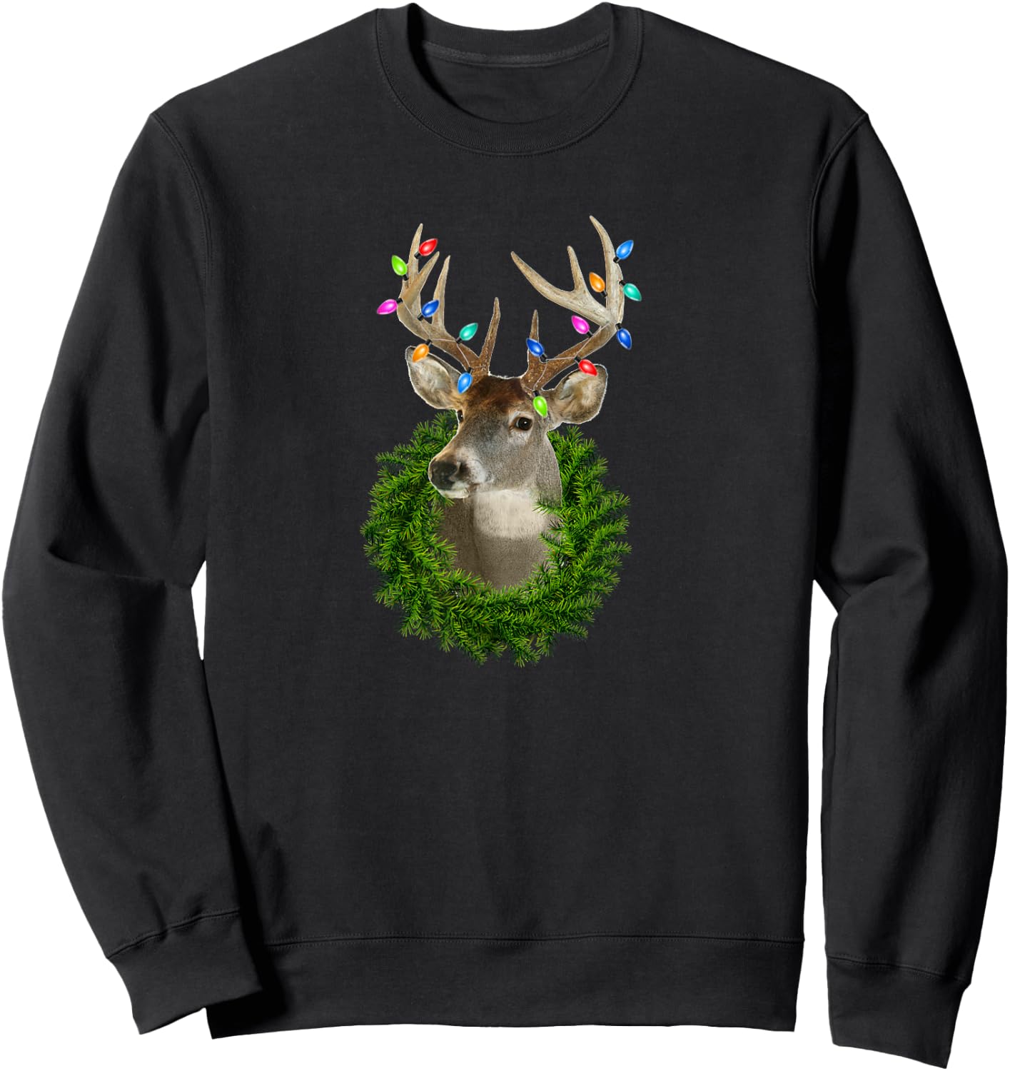 Deer Hunting Whitetail Christmas Lights Trophy Buck Wreath Sweatshirt - Sweatshirt | Black