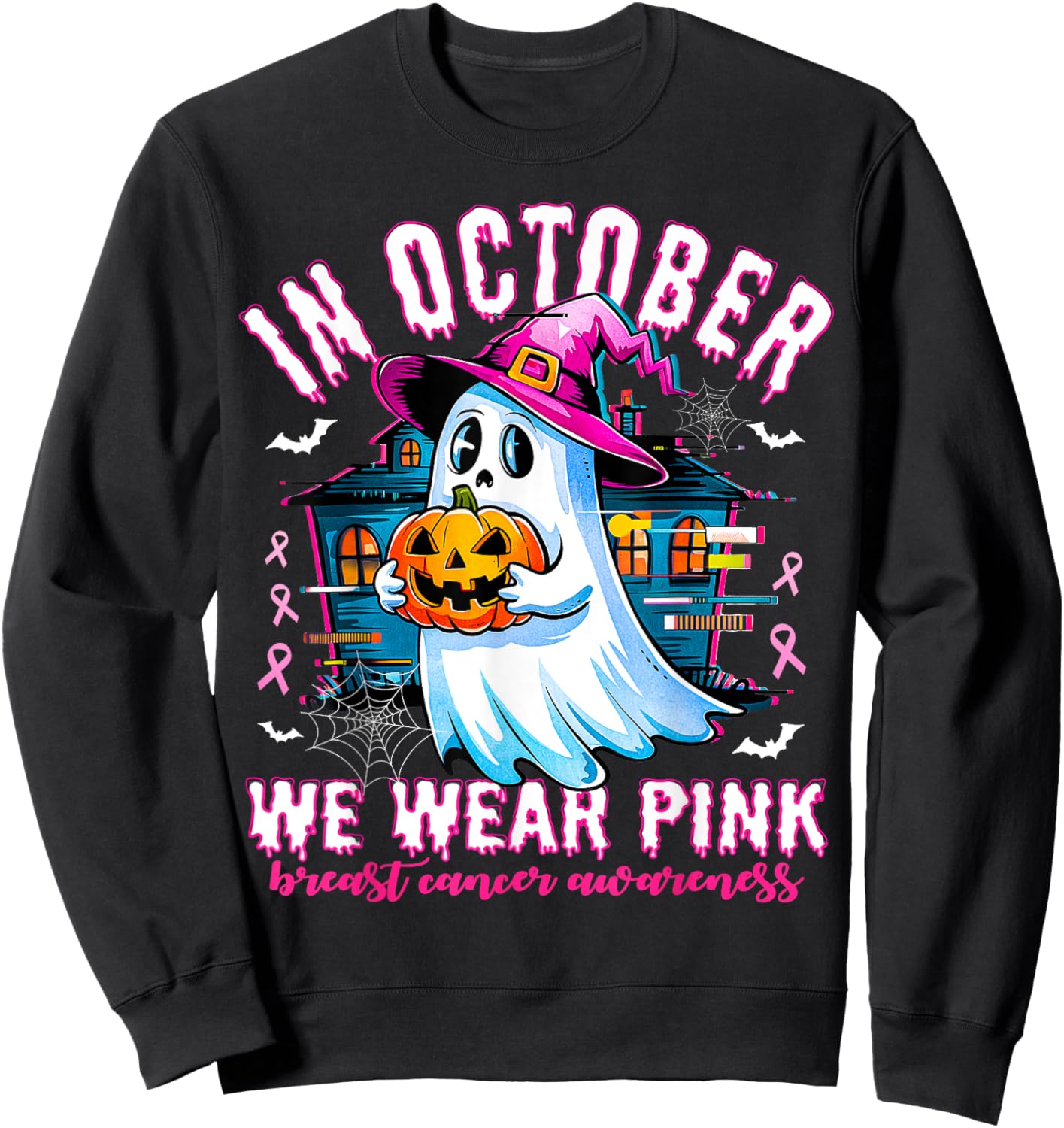 In October we Wear Pink With Ghost Breast Cancer Awareness Sweatshirt - Sweatshirt | Black