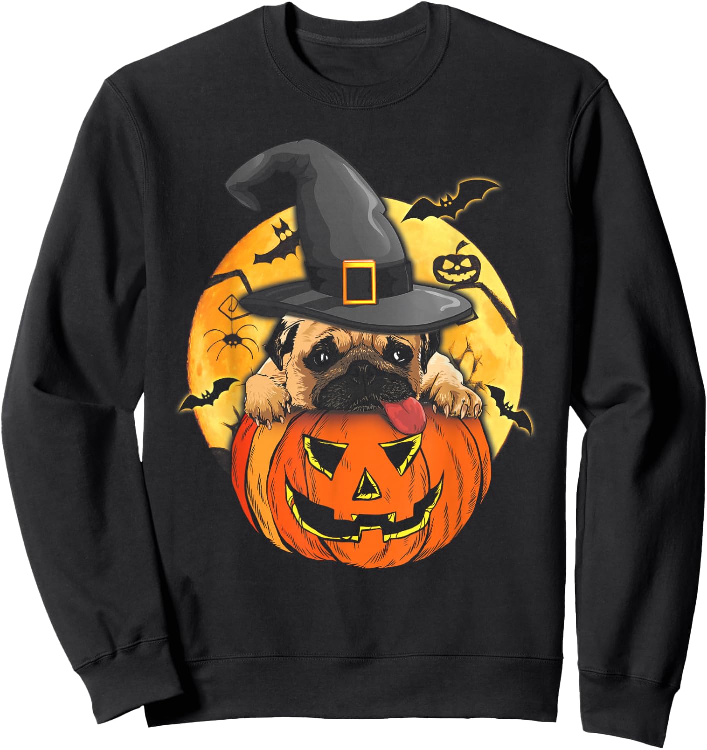 Halloween Pug Dog Witch Hat Pumpkin Pugkin Pug Dog Lovers Sweatshirt - Sweatshirt | Black