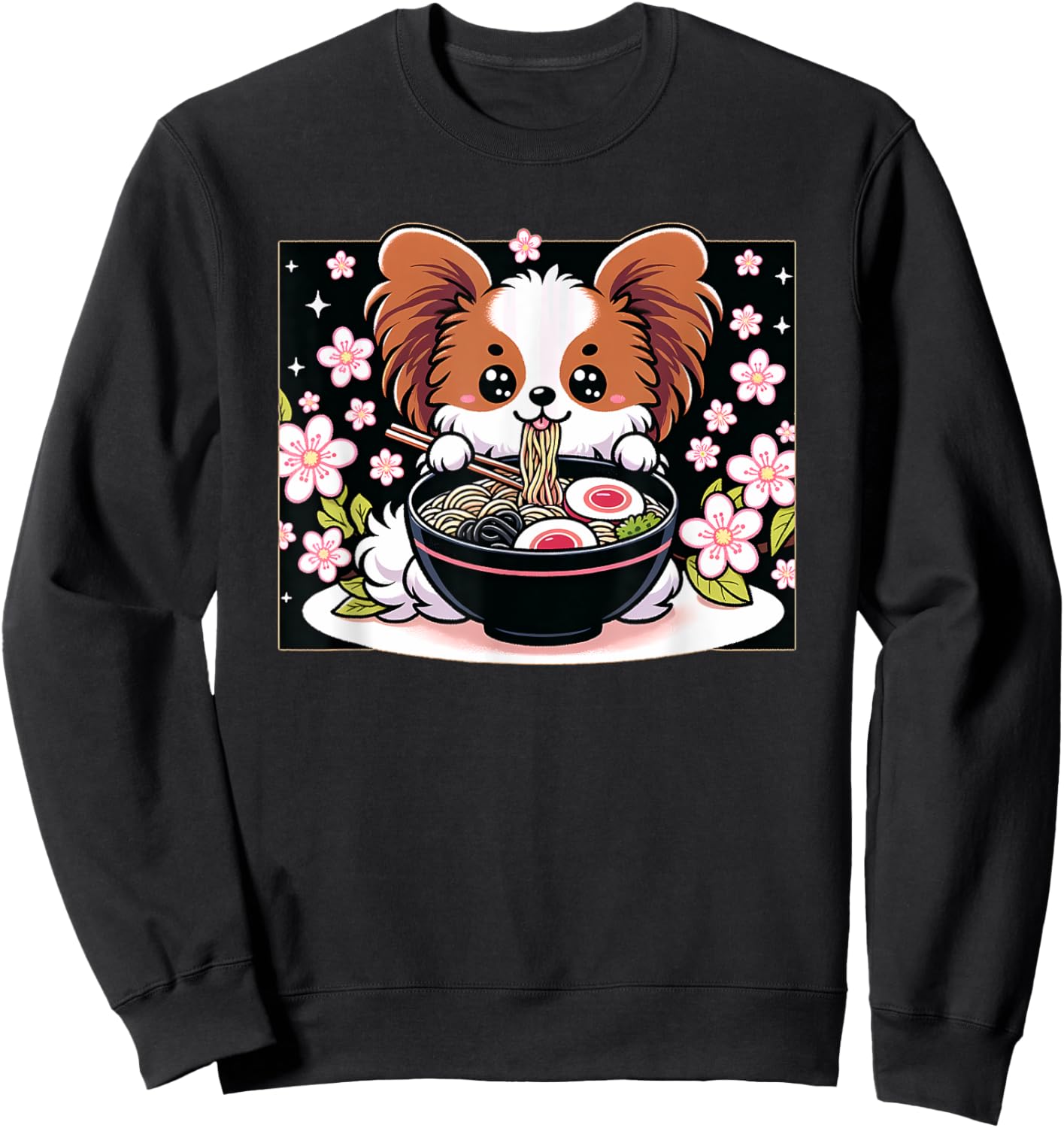 Kawaii Papillon dog Eating Ramen Sweatshirt - Sweatshirt | Black