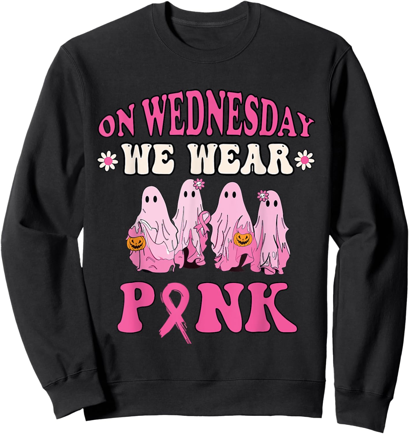 On Wednesday We Wear Pink Cute Ghost Halloween Breast Cancer Sweatshirt - Sweatshirt | Black