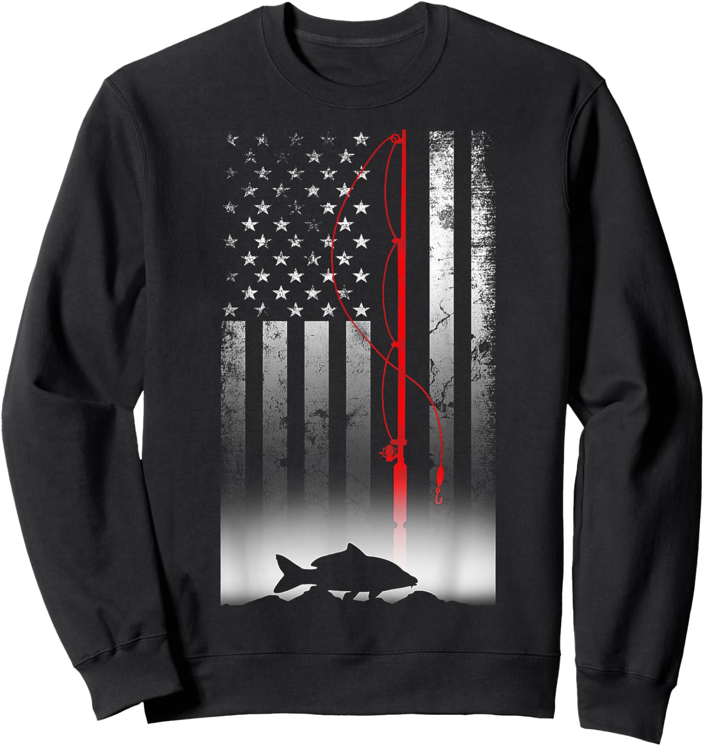 Fishing Pole American Flag Gift Patriotic Fisherman Sweatshirt - Sweatshirt | Black