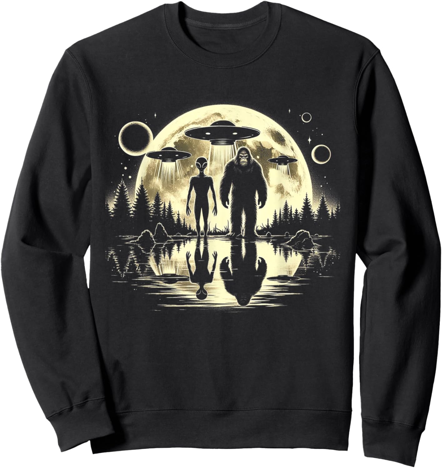 Bigfoot and Alien Moon UFO Extraterrestrial Sasquatch Gifts Sweatshirt - Sweatshirt | Black