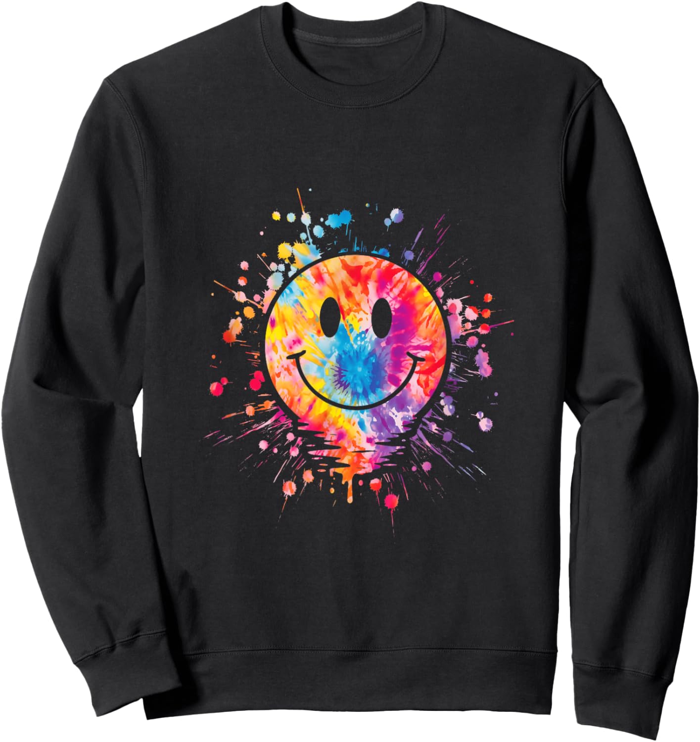 Retro Happy Face Rainbow Tie Dye Splatter 70s Peace Smile , Black, S Sweatshirt - Sweatshirt | Black